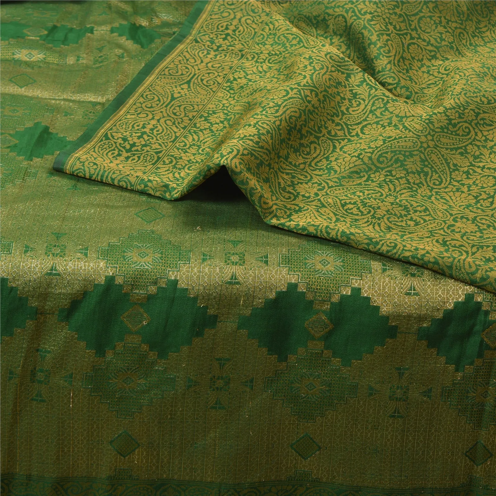 Sanskriti Vintage Green Indian Sarees Pure Silk Woven Premium Sari 5 YD Fabric