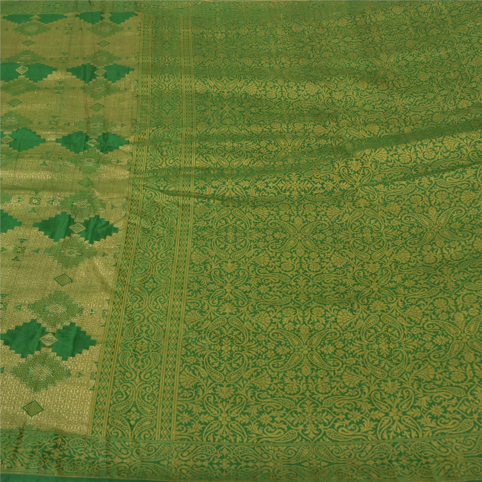 Sanskriti Vintage Green Indian Sarees Pure Silk Woven Premium Sari 5 YD Fabric