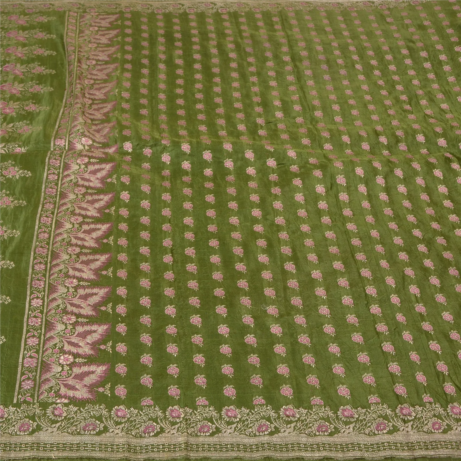 Sanskriti Vintage Green Sarees Pure Satin Woven Brocade/Banarasi Sari Fabric