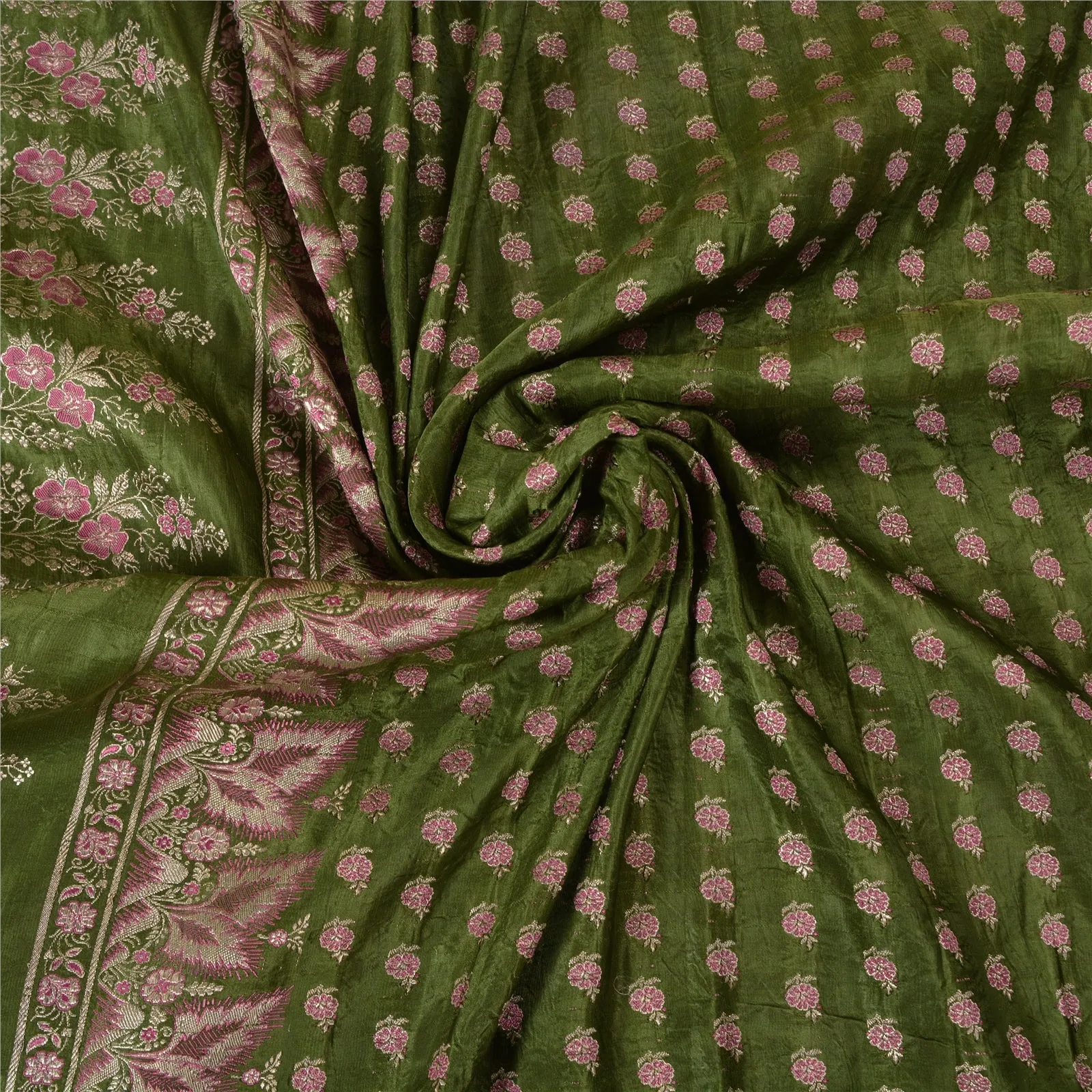 Sanskriti Vintage Green Sarees Pure Satin Woven Brocade/Banarasi Sari Fabric