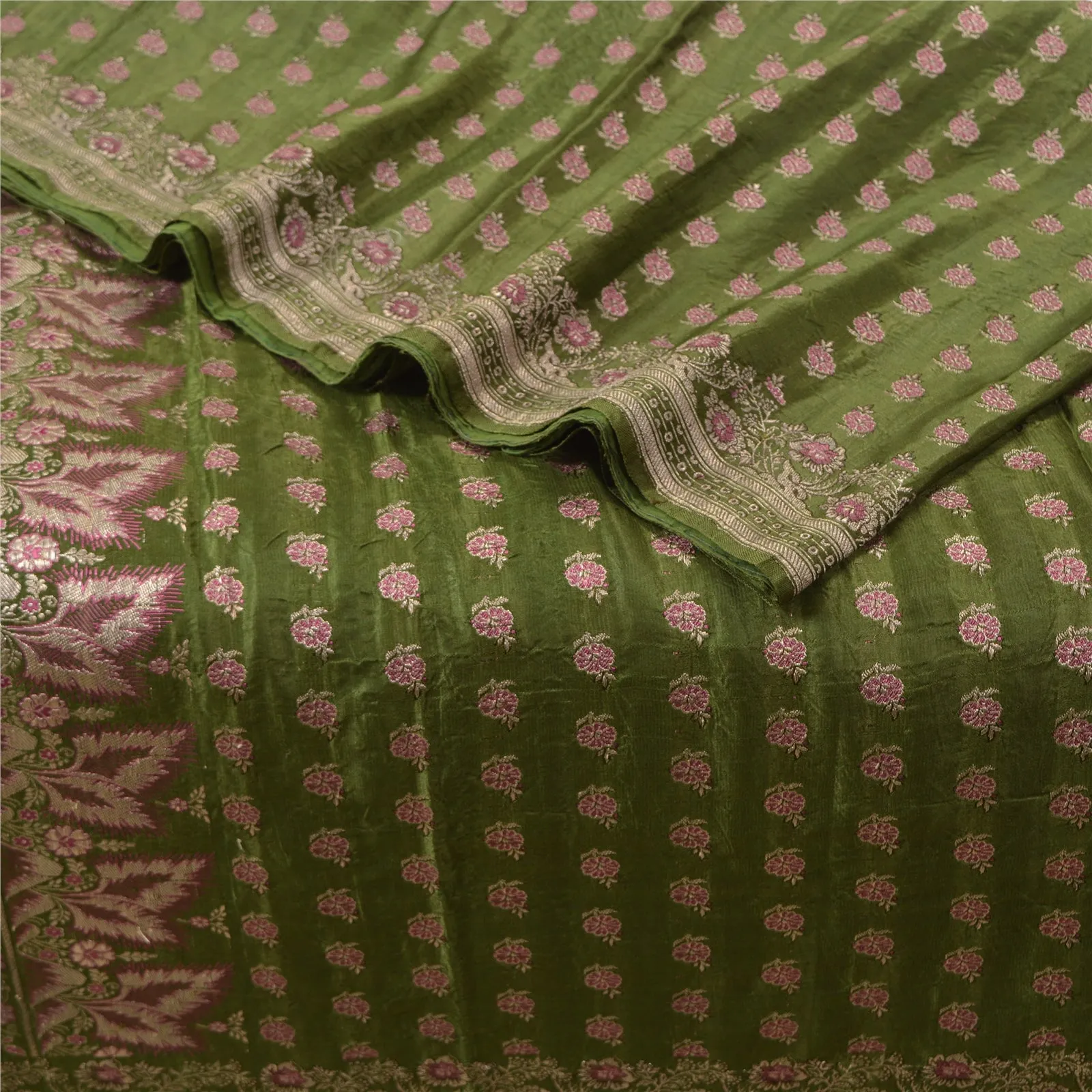 Sanskriti Vintage Green Sarees Pure Satin Woven Brocade/Banarasi Sari Fabric