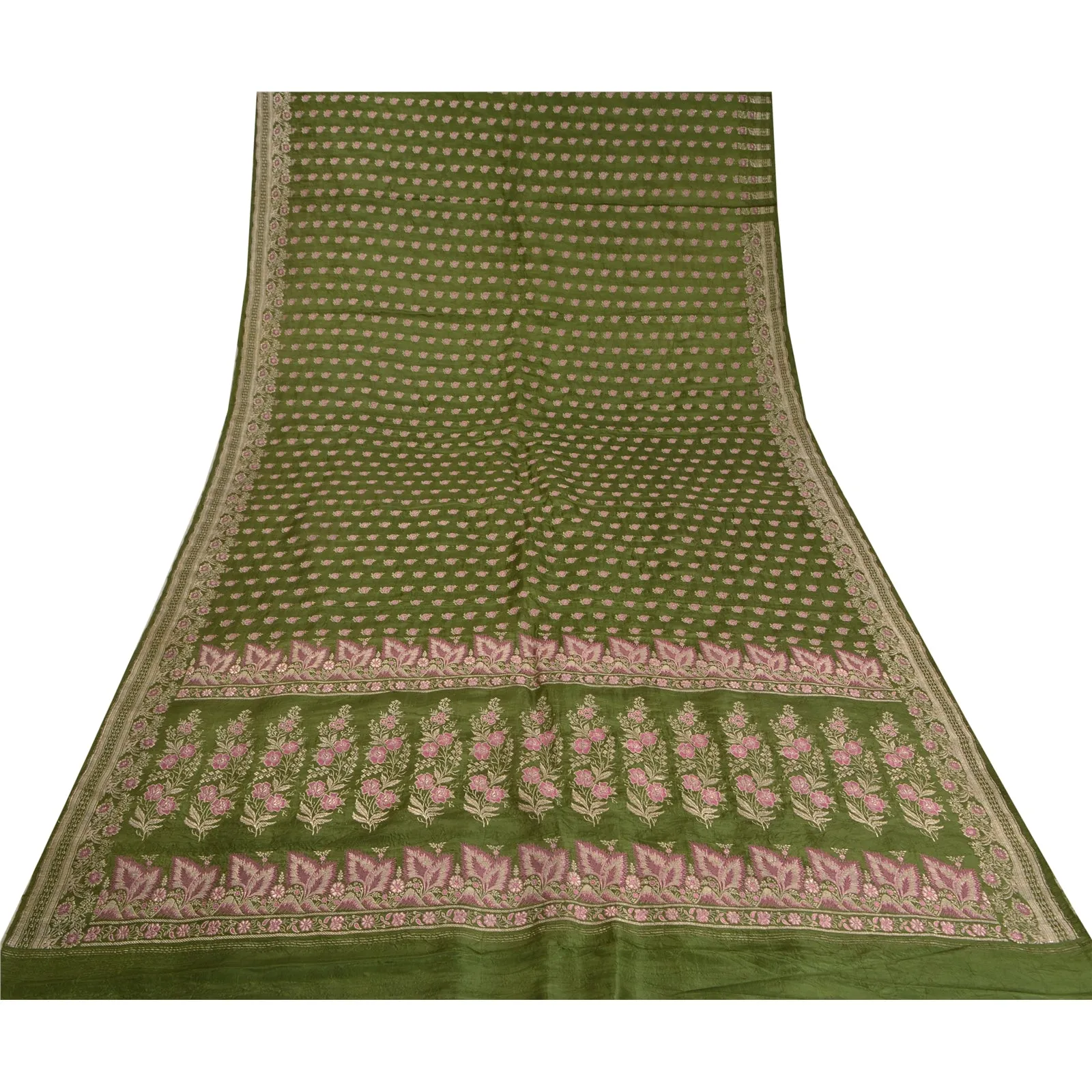 Sanskriti Vintage Green Sarees Pure Satin Woven Brocade/Banarasi Sari Fabric