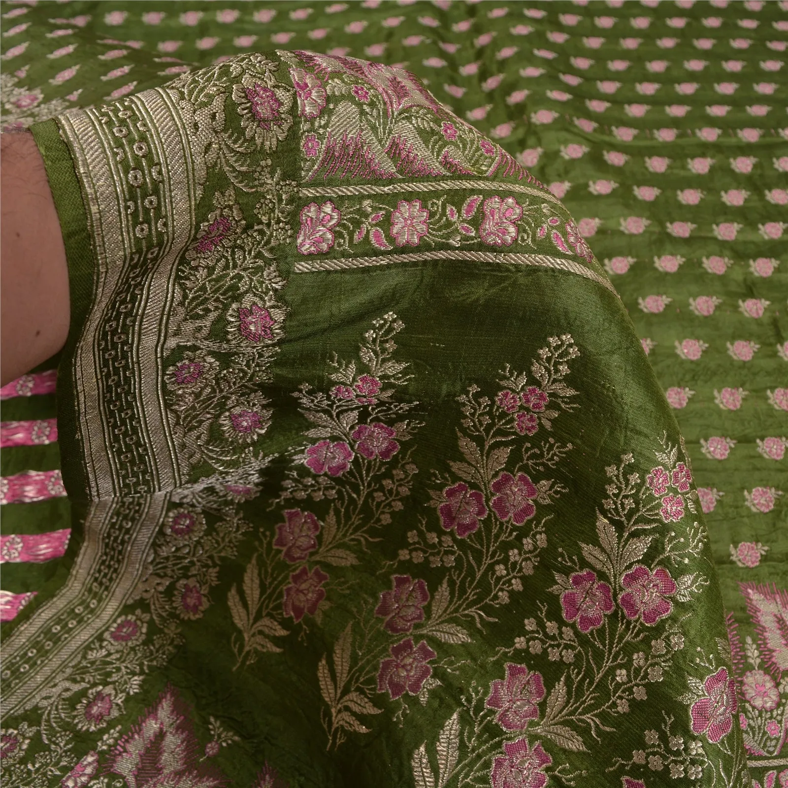 Sanskriti Vintage Green Sarees Pure Satin Woven Brocade/Banarasi Sari Fabric