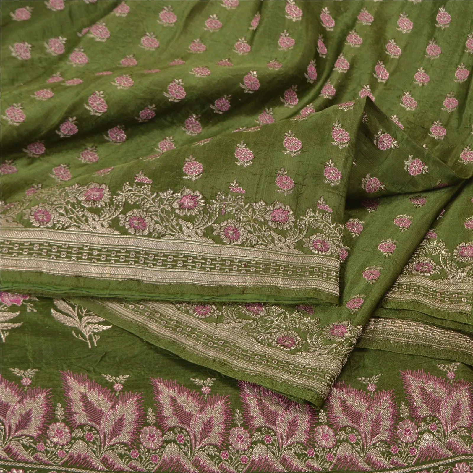 Sanskriti Vintage Green Sarees Pure Satin Woven Brocade/Banarasi Sari Fabric