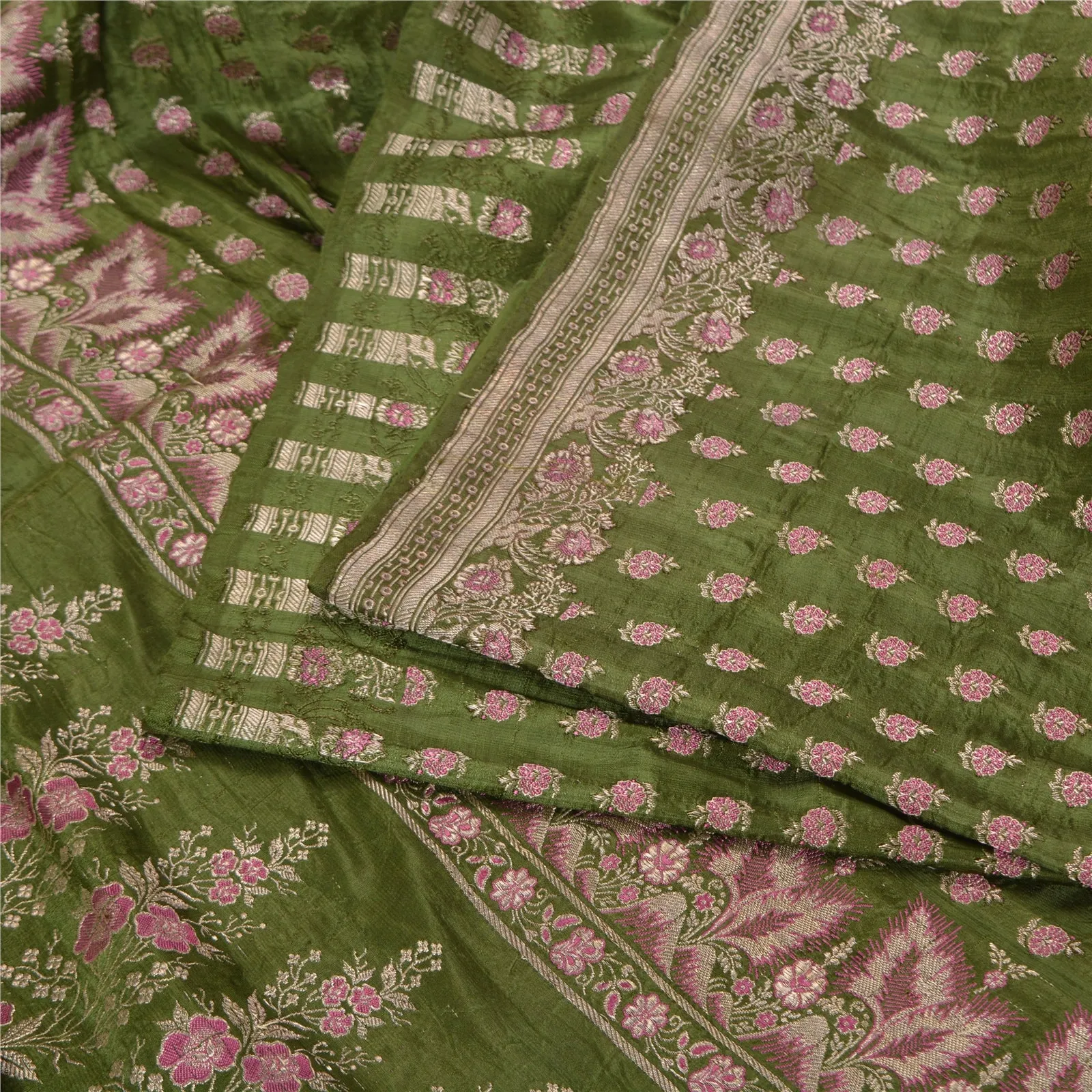 Sanskriti Vintage Green Sarees Pure Satin Woven Brocade/Banarasi Sari Fabric