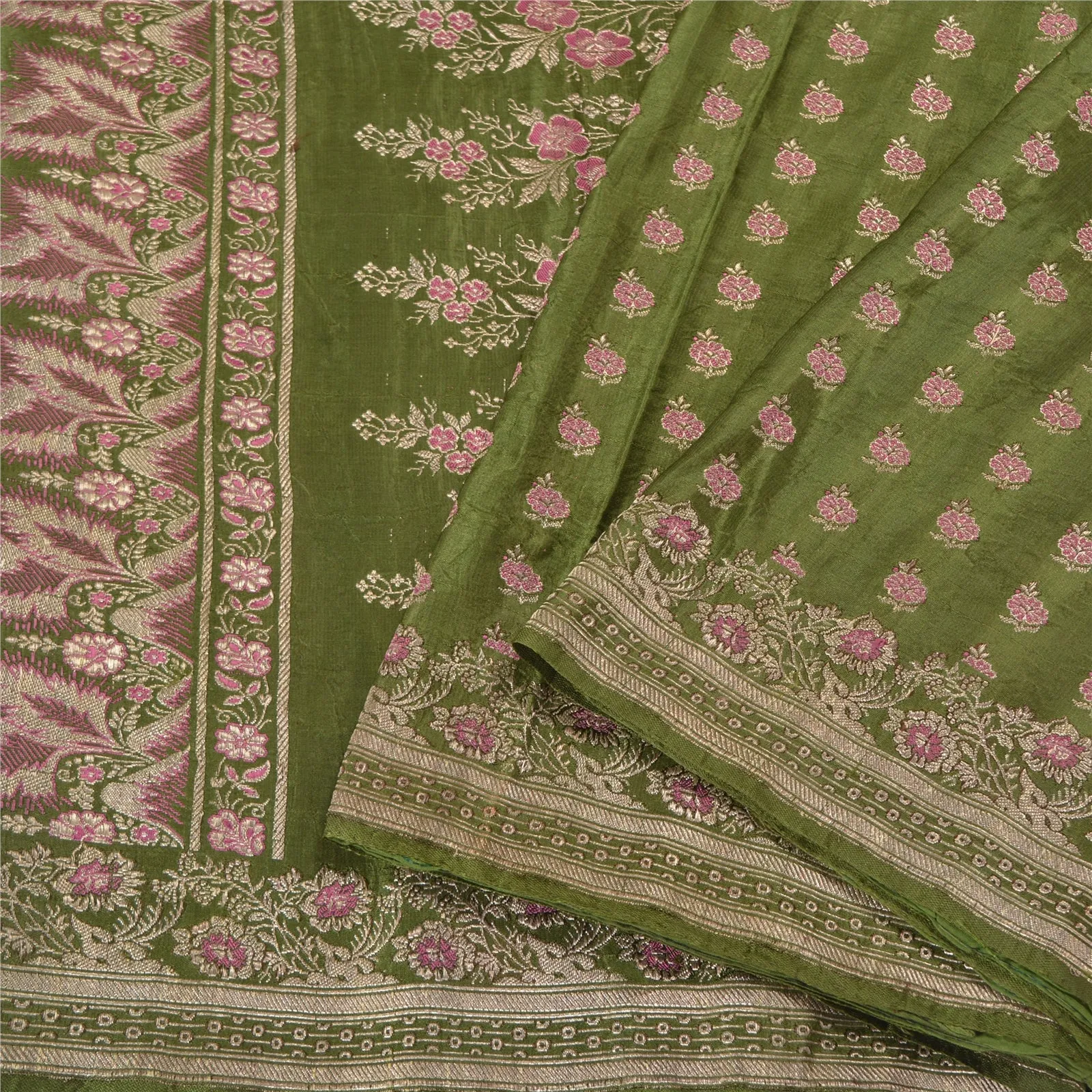 Sanskriti Vintage Green Sarees Pure Satin Woven Brocade/Banarasi Sari Fabric