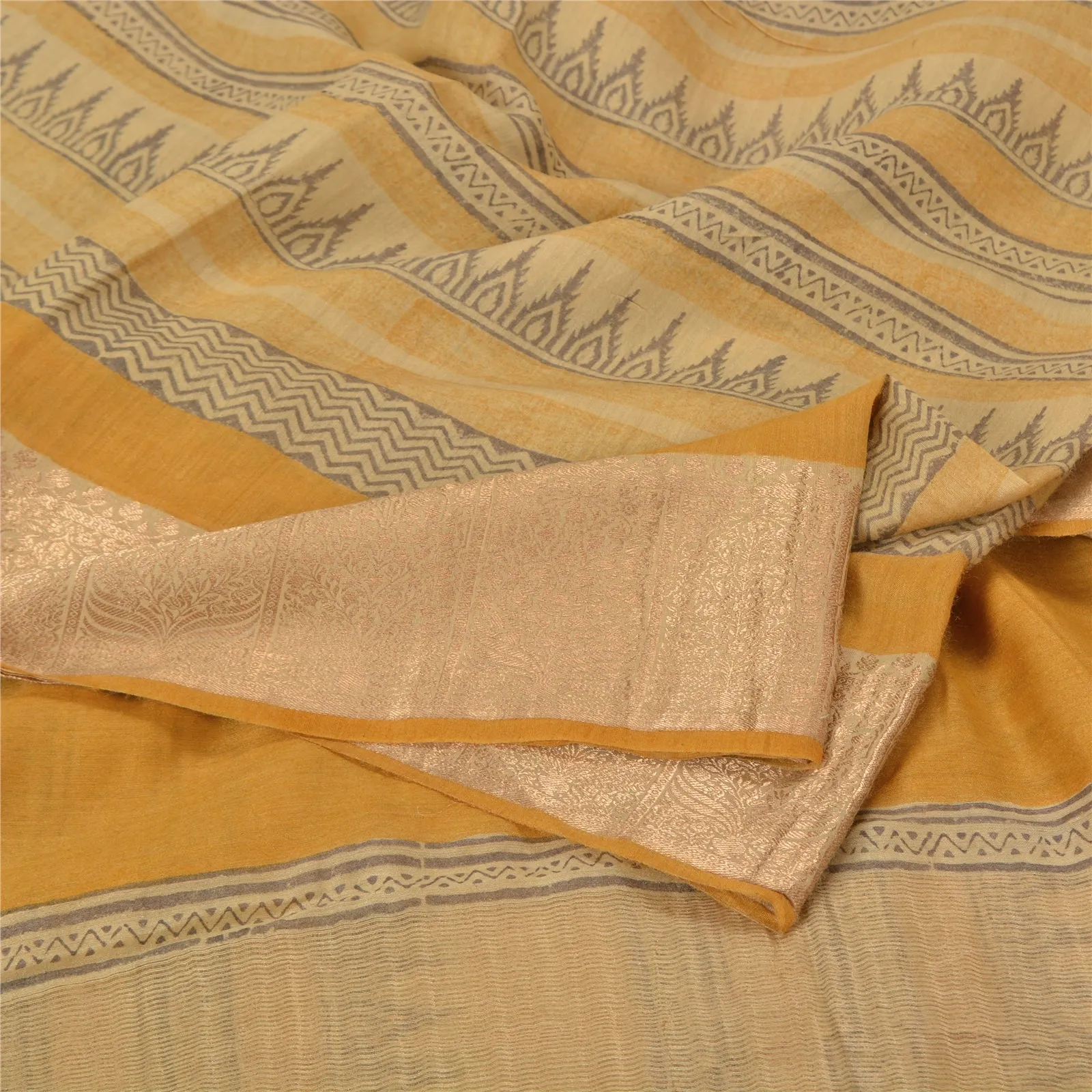 Sanskriti Vintage Mustard Sarees Pure Woolen Fabric Hand-Block Printed Zari Sari