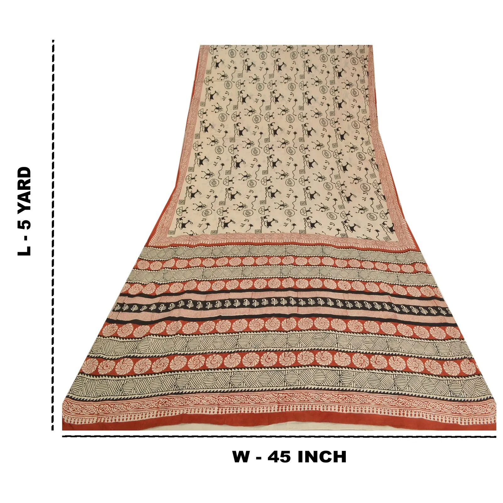 Sanskriti Vintage Sarees Block Printed Warli Art Pure Cotton Sari Craft Fabric