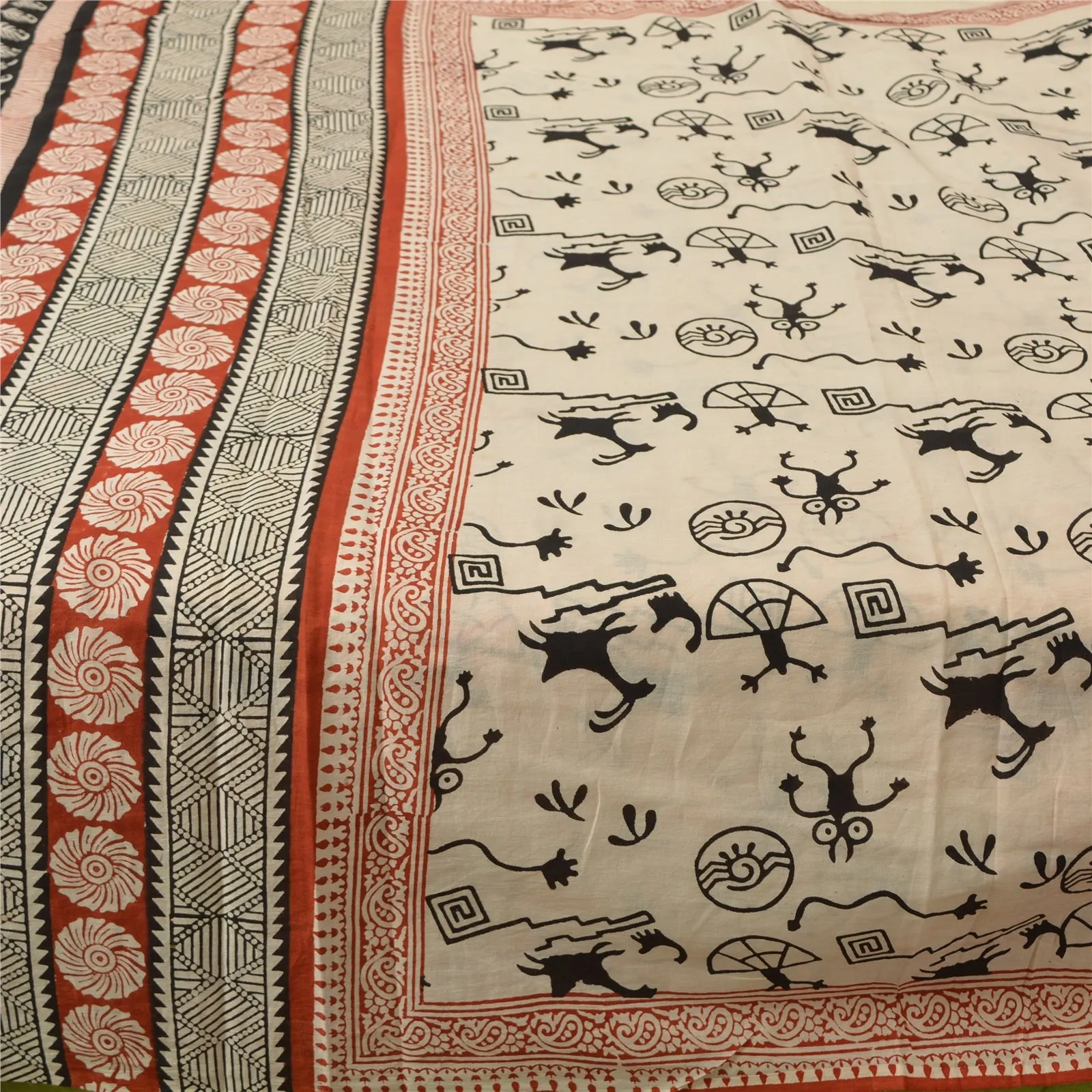 Sanskriti Vintage Sarees Block Printed Warli Art Pure Cotton Sari Craft Fabric