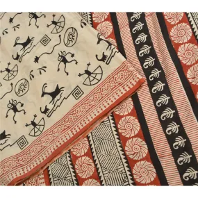 Sanskriti Vintage Sarees Block Printed Warli Art Pure Cotton Sari Craft Fabric