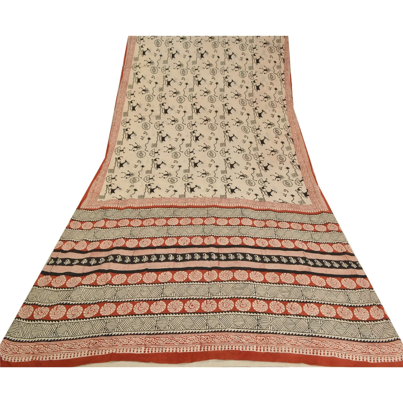 Sanskriti Vintage Sarees Block Printed Warli Art Pure Cotton Sari Craft Fabric