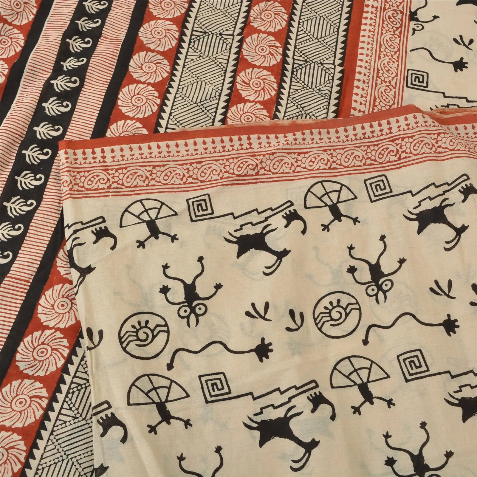 Sanskriti Vintage Sarees Block Printed Warli Art Pure Cotton Sari Craft Fabric