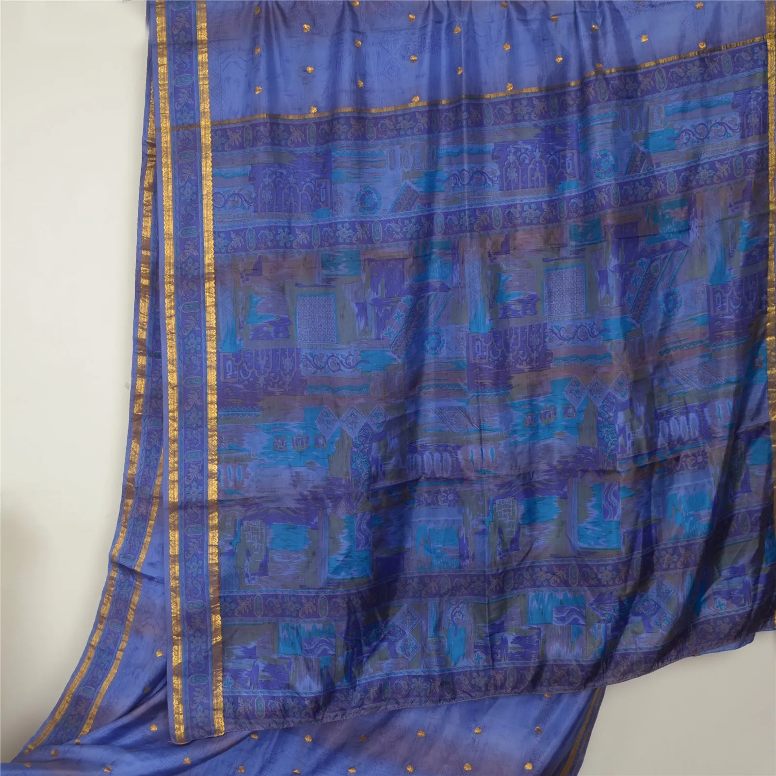 Sanskriti Vintage Sarees Blue Zari Border Pure Silk Printed Sari Craft Fabric