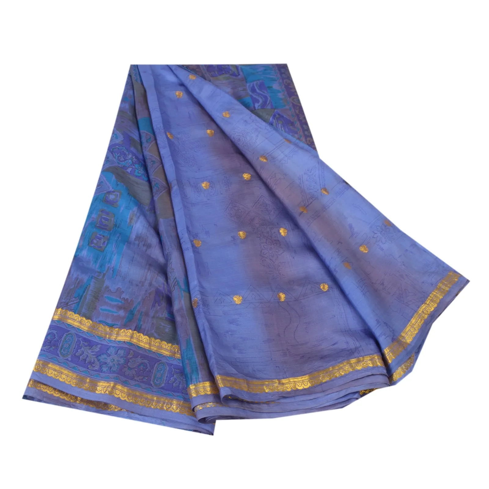 Sanskriti Vintage Sarees Blue Zari Border Pure Silk Printed Sari Craft Fabric