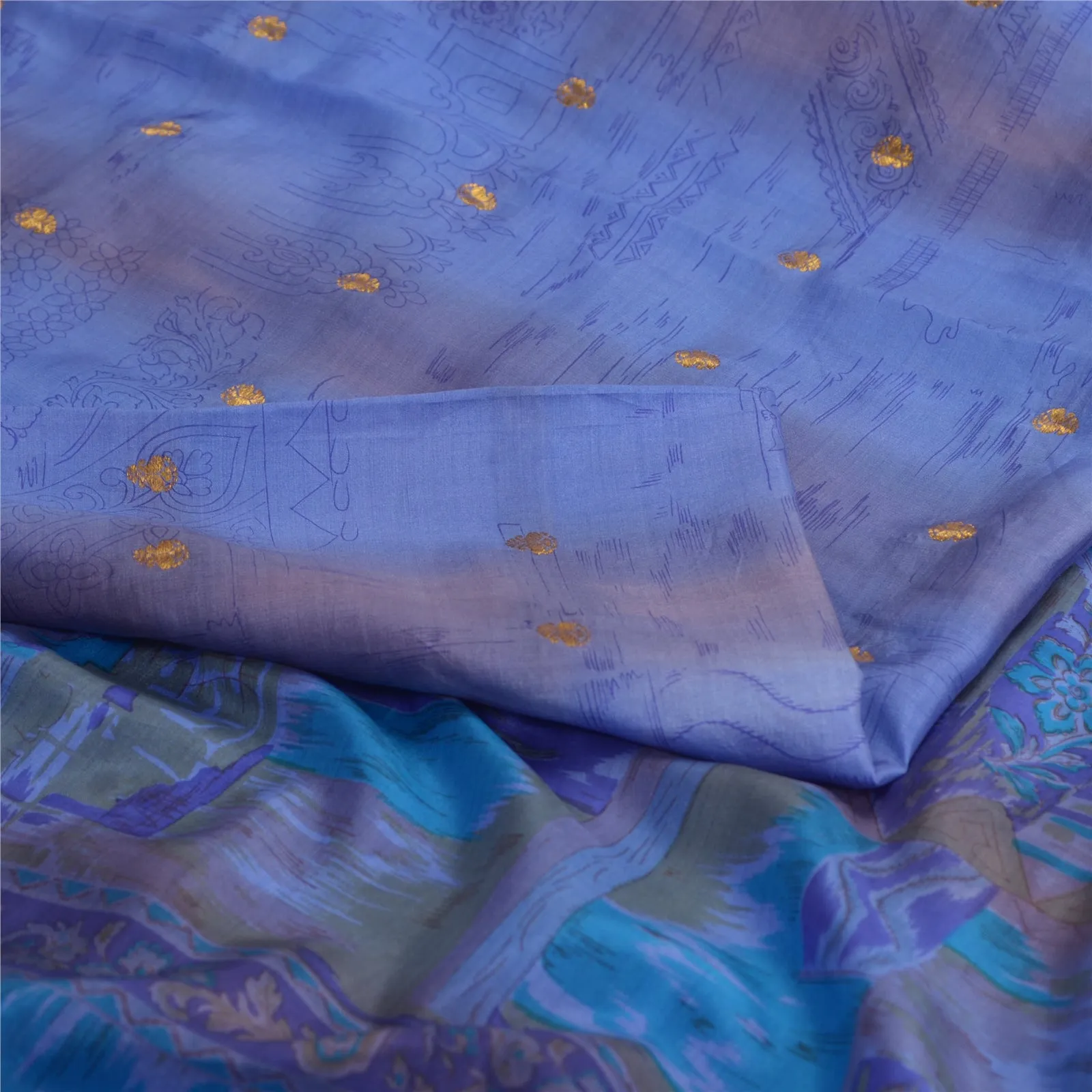 Sanskriti Vintage Sarees Blue Zari Border Pure Silk Printed Sari Craft Fabric