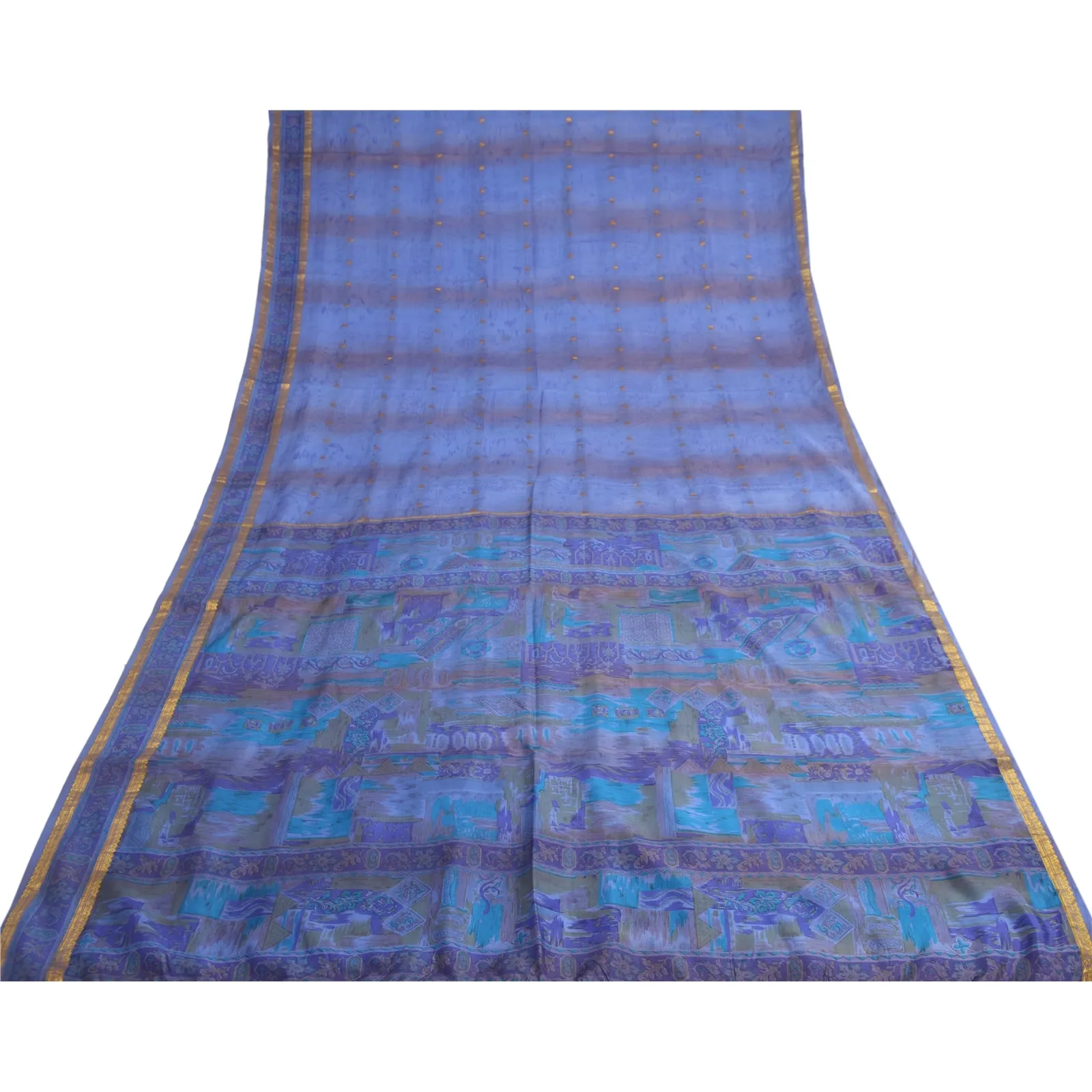 Sanskriti Vintage Sarees Blue Zari Border Pure Silk Printed Sari Craft Fabric