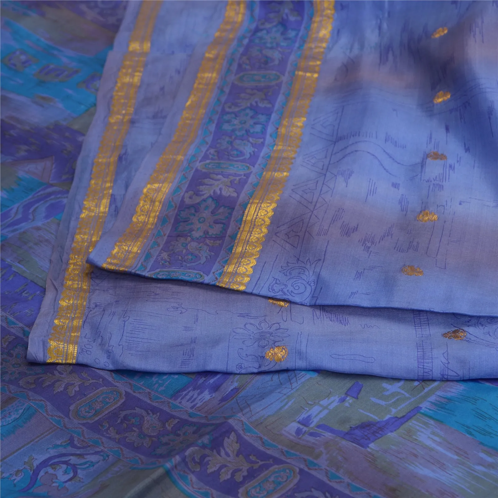 Sanskriti Vintage Sarees Blue Zari Border Pure Silk Printed Sari Craft Fabric