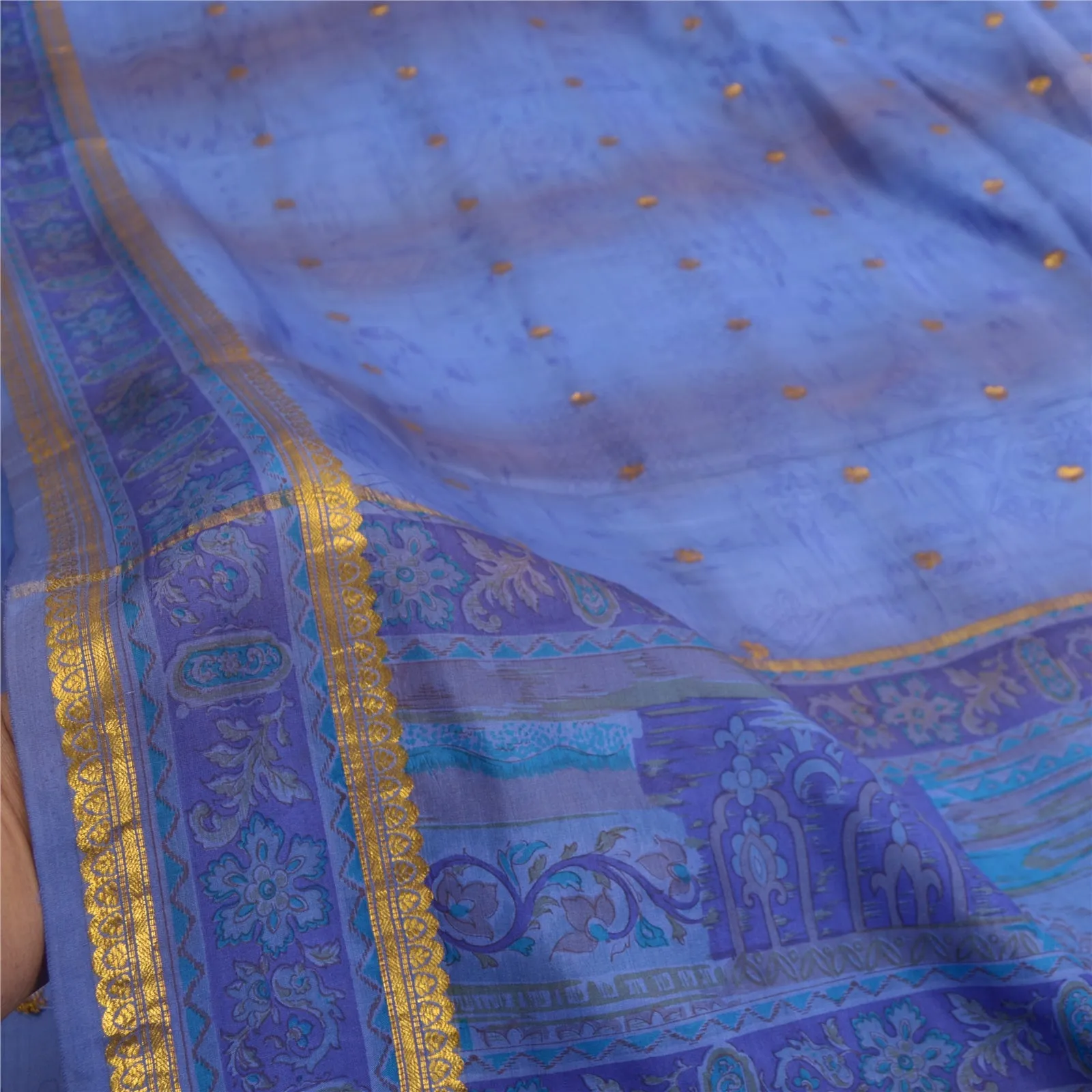 Sanskriti Vintage Sarees Blue Zari Border Pure Silk Printed Sari Craft Fabric