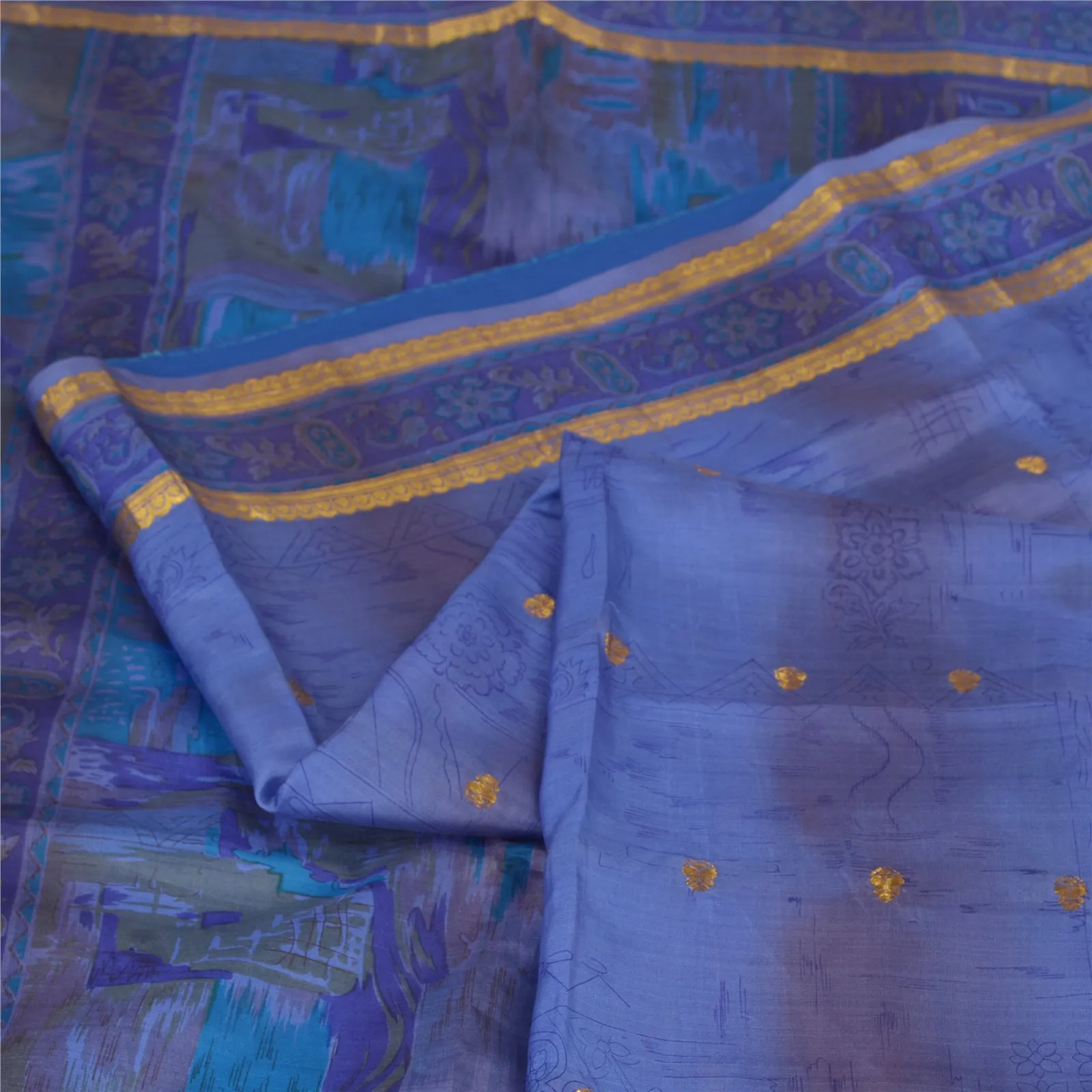 Sanskriti Vintage Sarees Blue Zari Border Pure Silk Printed Sari Craft Fabric