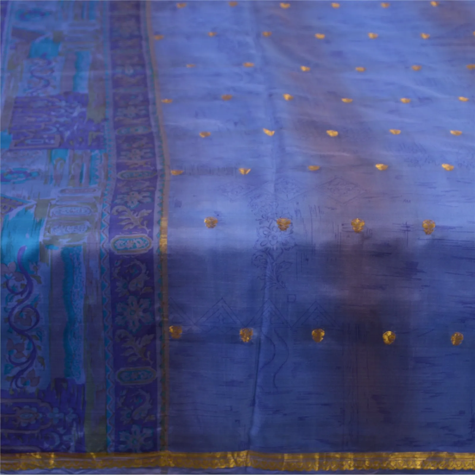 Sanskriti Vintage Sarees Blue Zari Border Pure Silk Printed Sari Craft Fabric