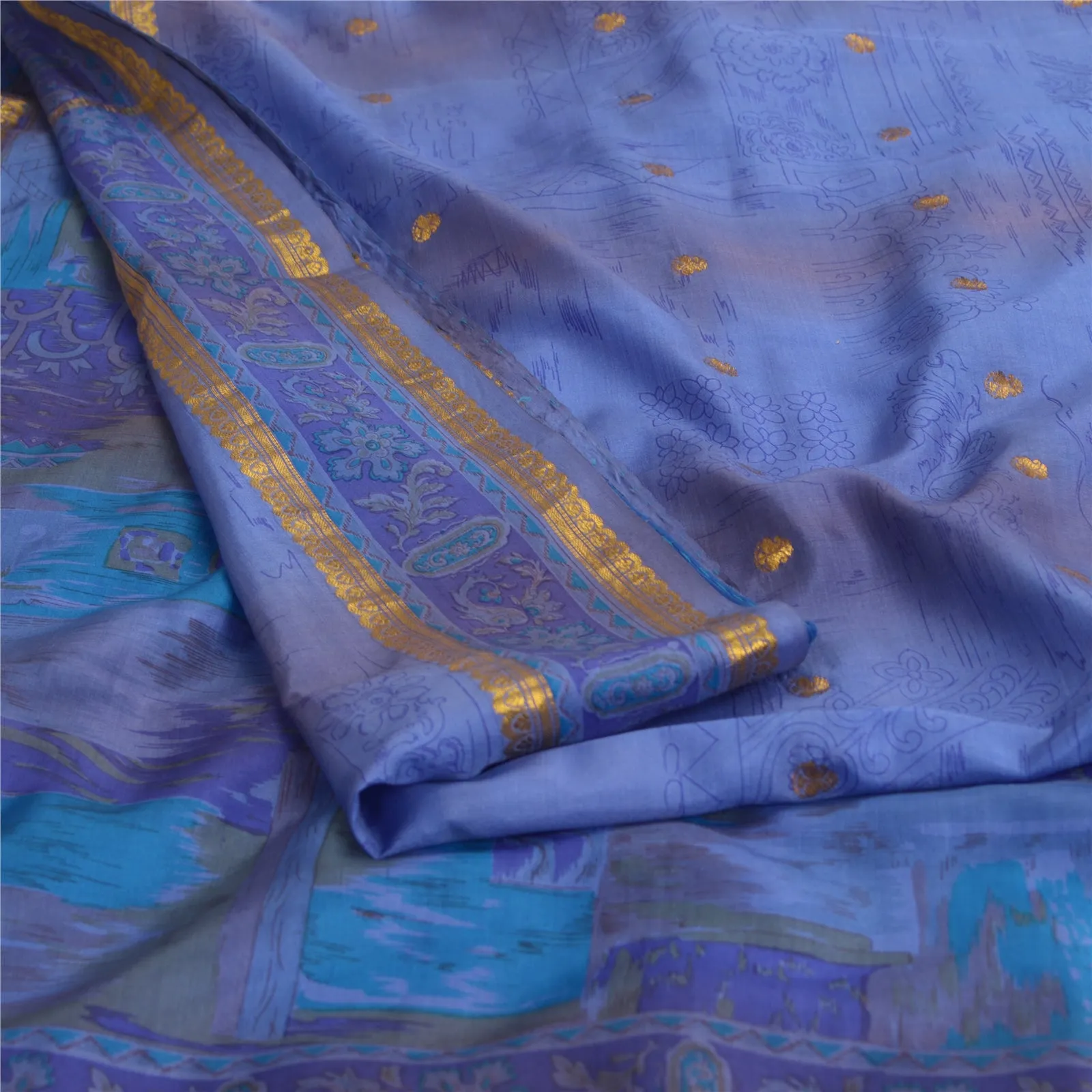 Sanskriti Vintage Sarees Blue Zari Border Pure Silk Printed Sari Craft Fabric