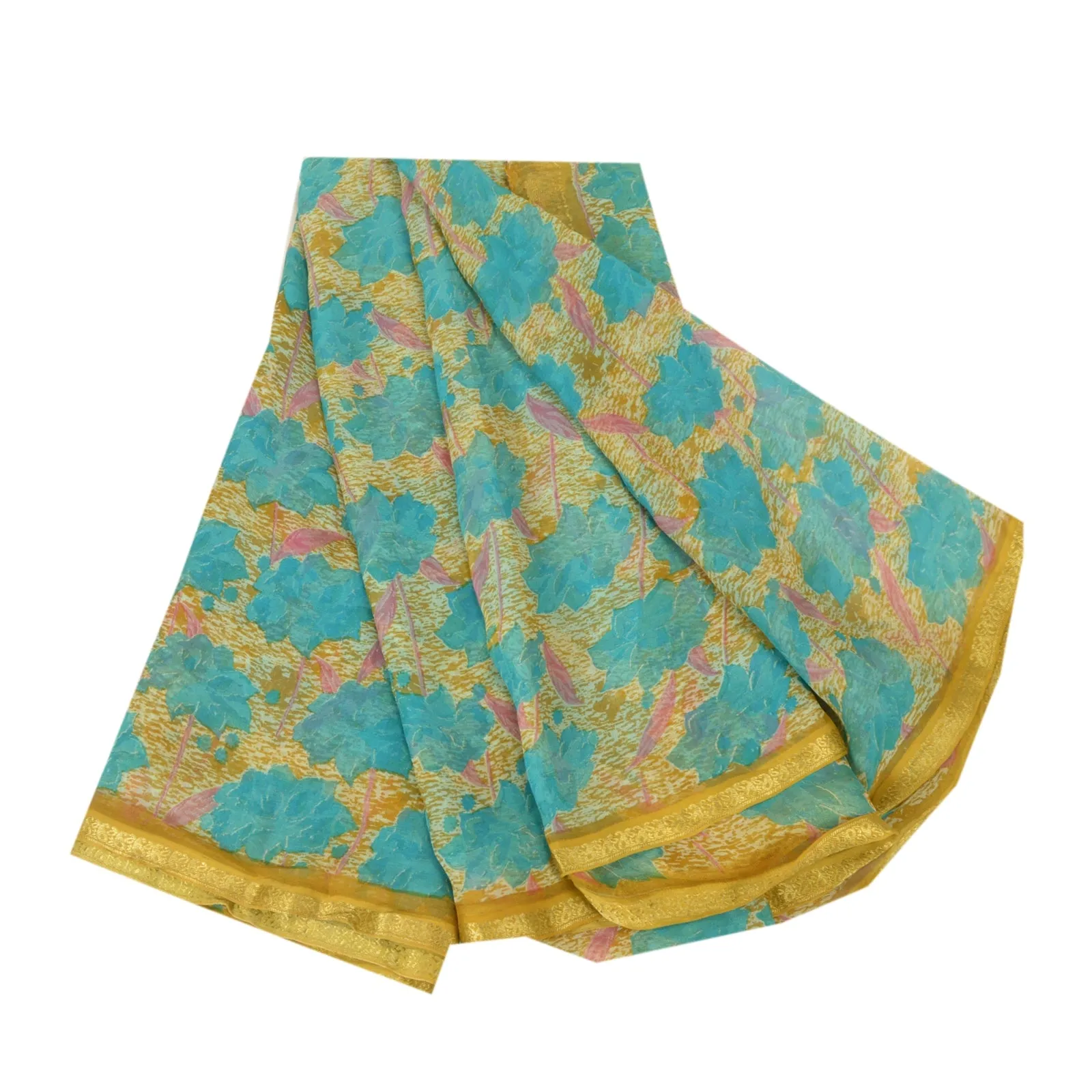 Sanskriti Vintage Sarees Blue/Mustard Printed Pure Chiffon Silk Sari 5yd Fabric