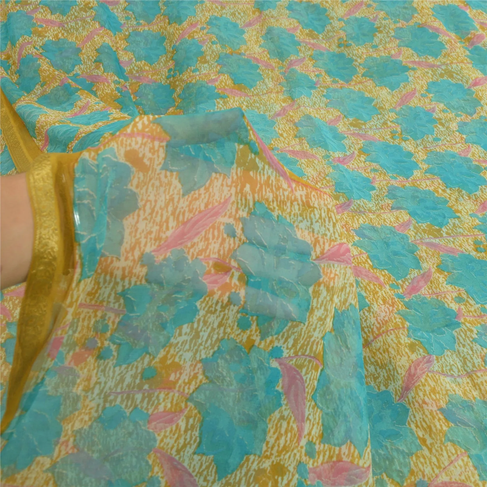 Sanskriti Vintage Sarees Blue/Mustard Printed Pure Chiffon Silk Sari 5yd Fabric