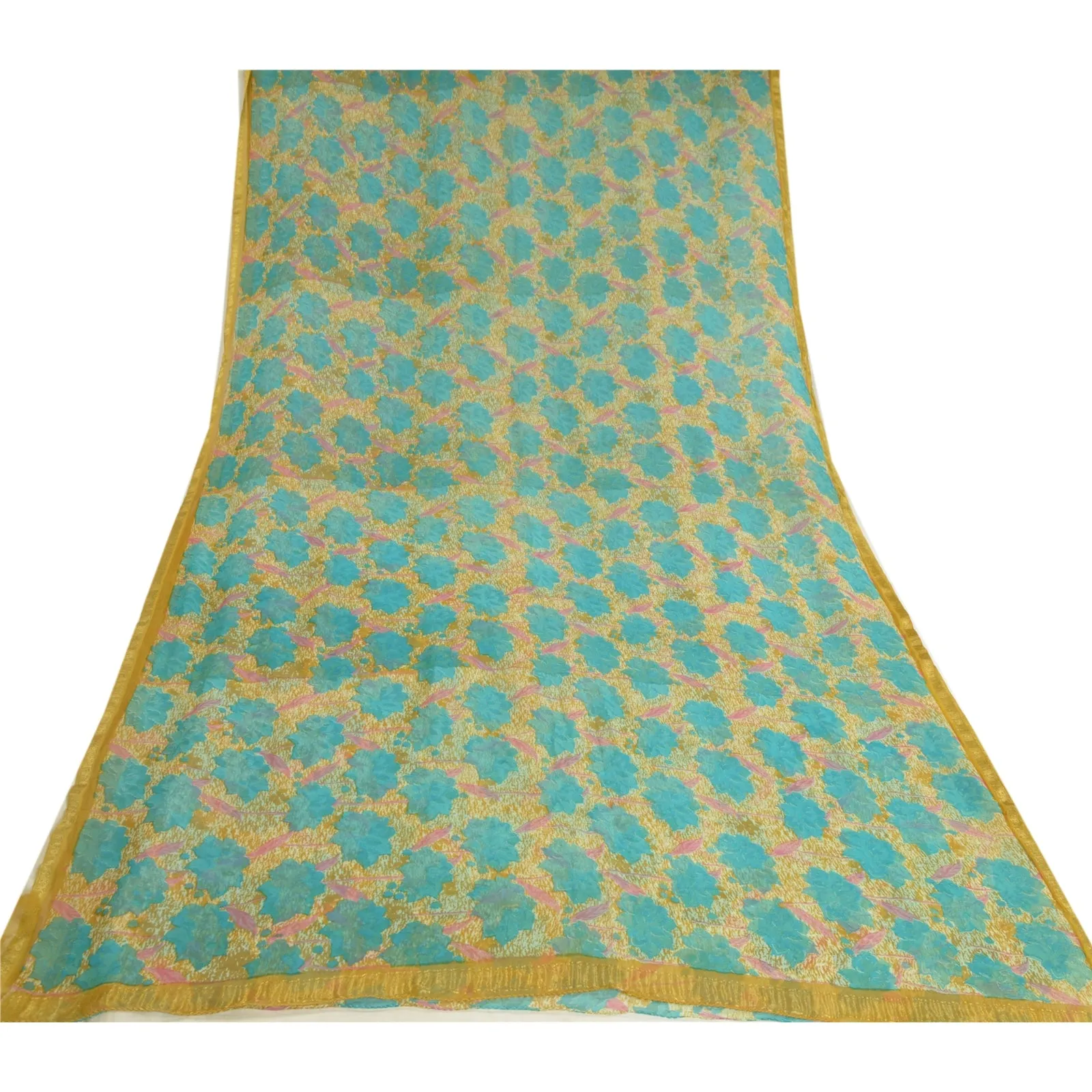 Sanskriti Vintage Sarees Blue/Mustard Printed Pure Chiffon Silk Sari 5yd Fabric