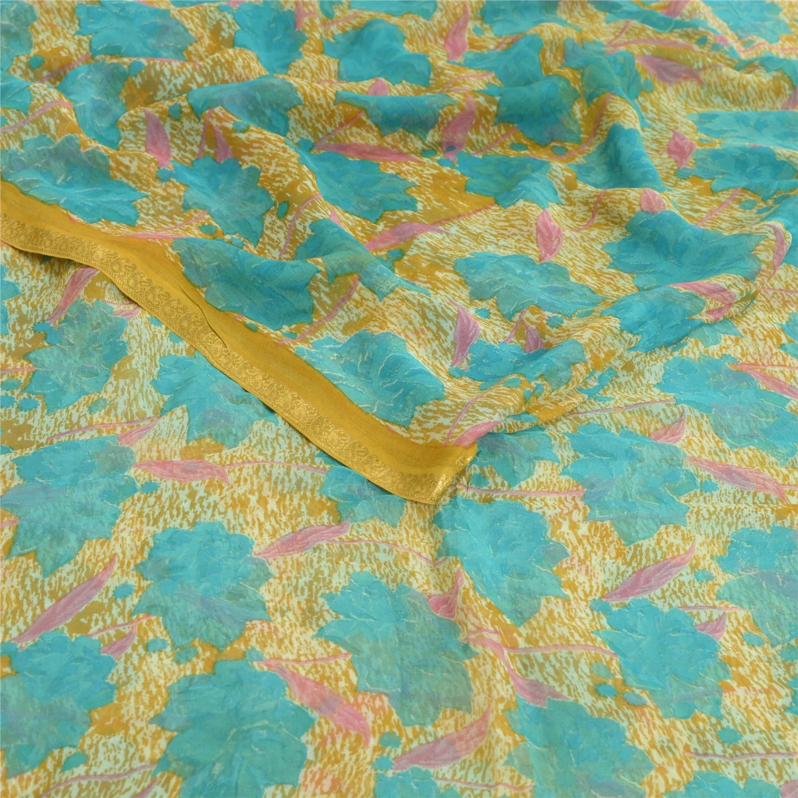 Sanskriti Vintage Sarees Blue/Mustard Printed Pure Chiffon Silk Sari 5yd Fabric