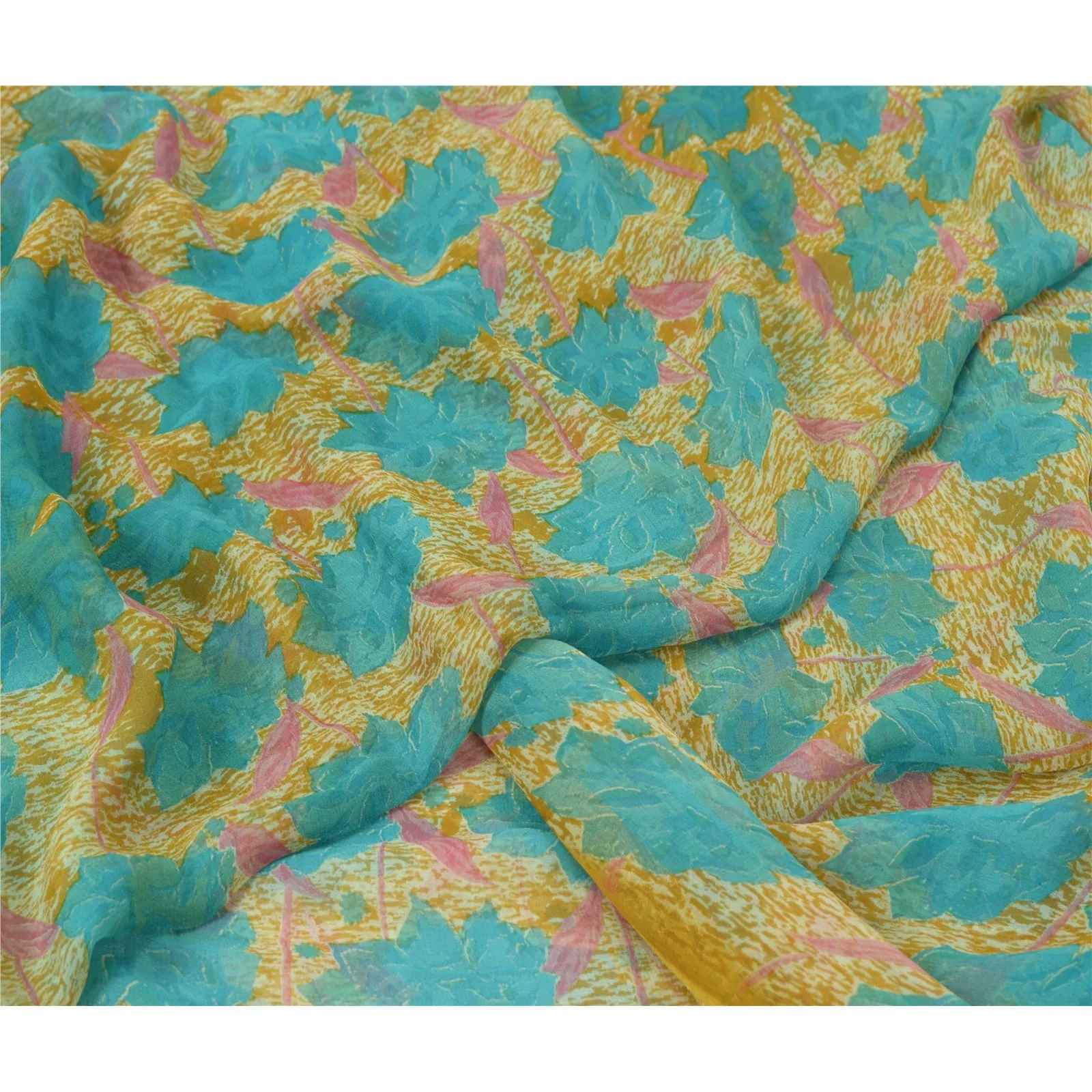 Sanskriti Vintage Sarees Blue/Mustard Printed Pure Chiffon Silk Sari 5yd Fabric