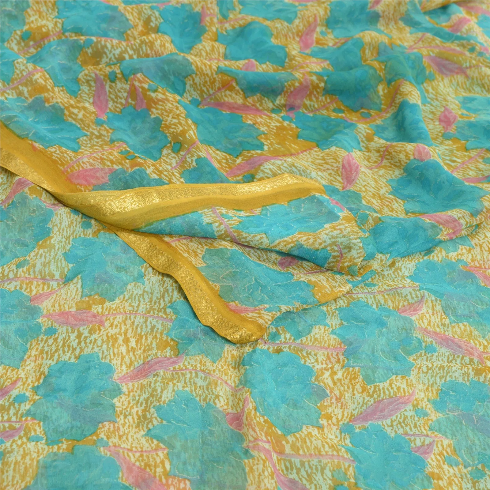 Sanskriti Vintage Sarees Blue/Mustard Printed Pure Chiffon Silk Sari 5yd Fabric