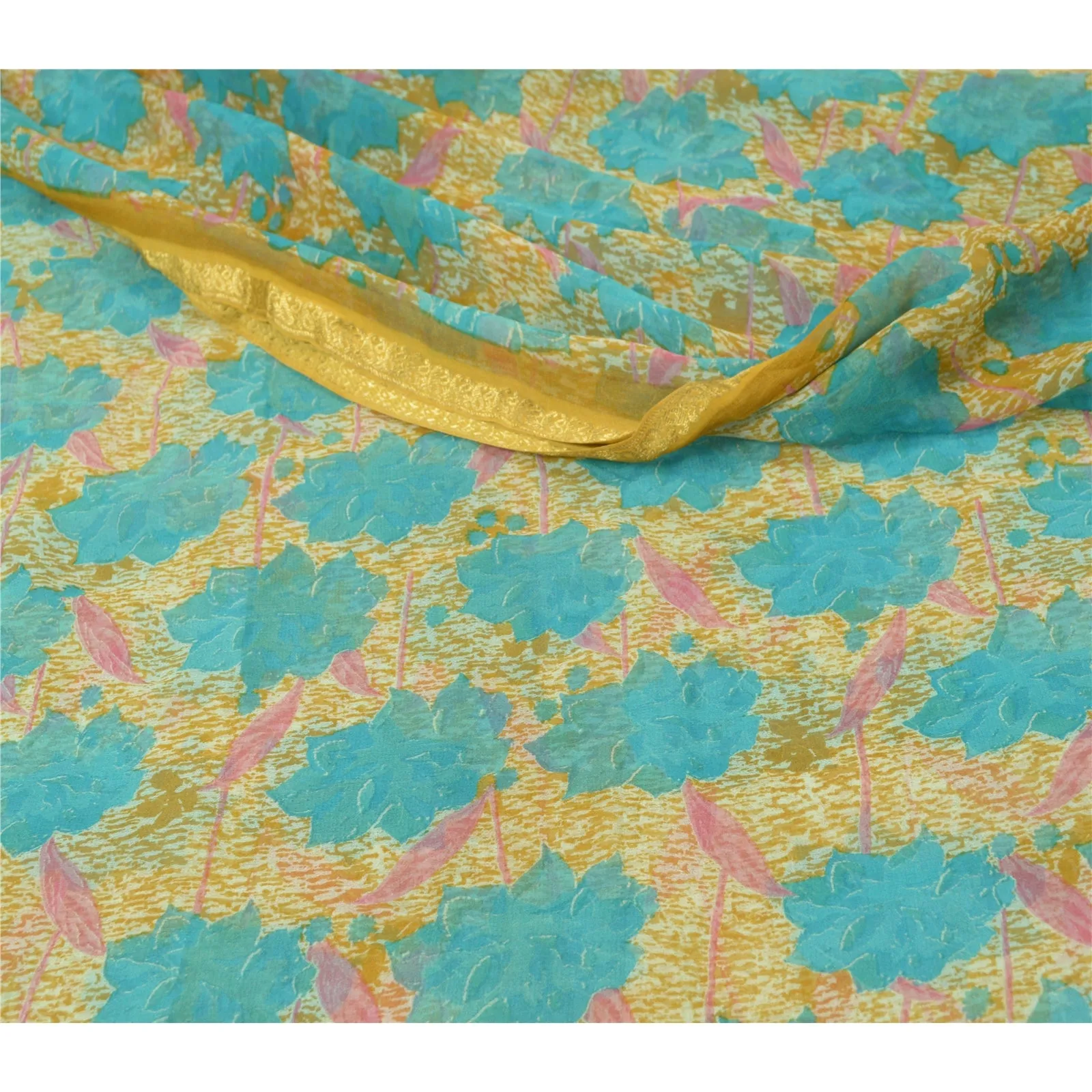 Sanskriti Vintage Sarees Blue/Mustard Printed Pure Chiffon Silk Sari 5yd Fabric