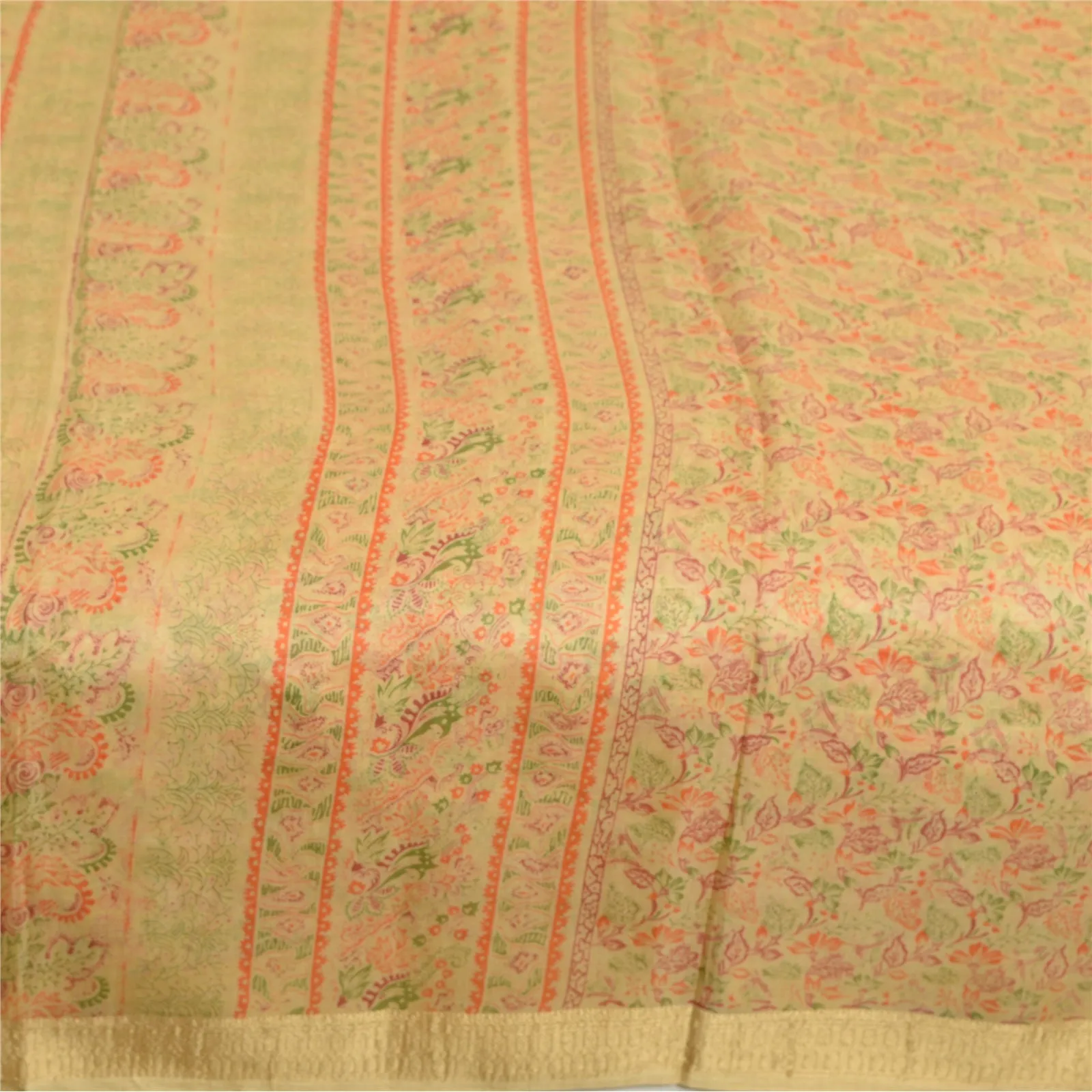 Sanskriti Vintage Sarees From India Beige Pure Silk Printed Sari Craft Fabric