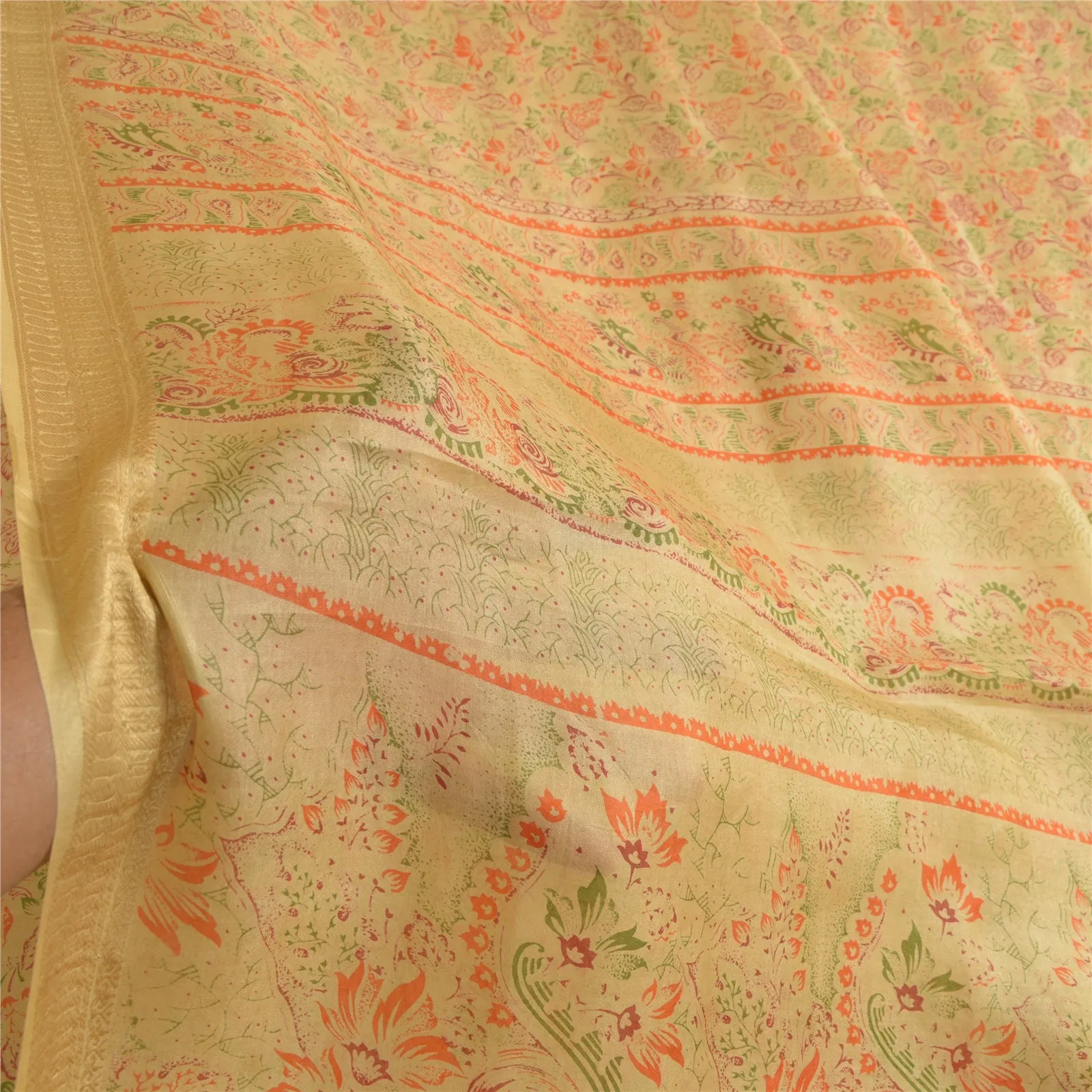 Sanskriti Vintage Sarees From India Beige Pure Silk Printed Sari Craft Fabric