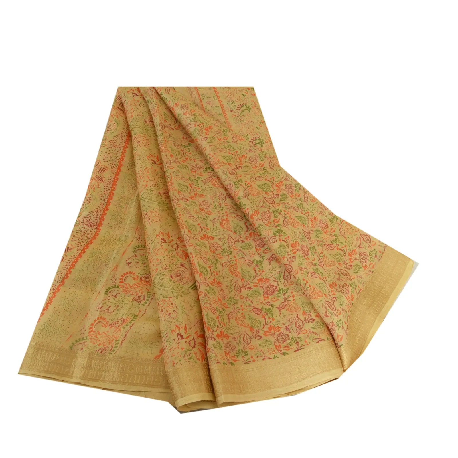 Sanskriti Vintage Sarees From India Beige Pure Silk Printed Sari Craft Fabric