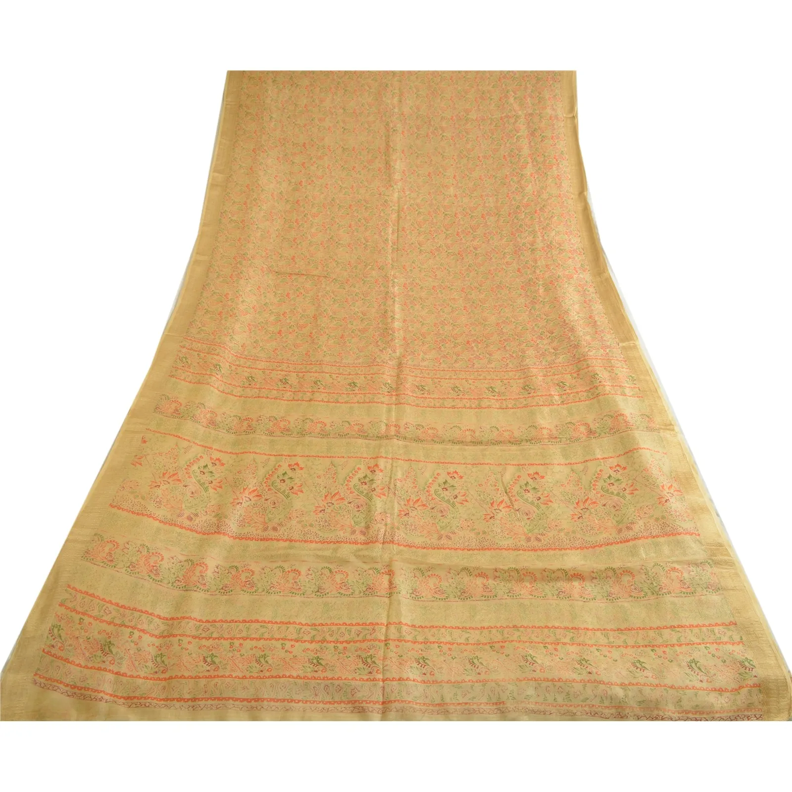 Sanskriti Vintage Sarees From India Beige Pure Silk Printed Sari Craft Fabric