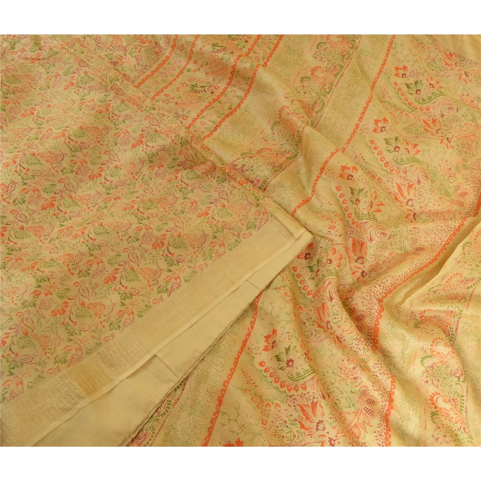 Sanskriti Vintage Sarees From India Beige Pure Silk Printed Sari Craft Fabric