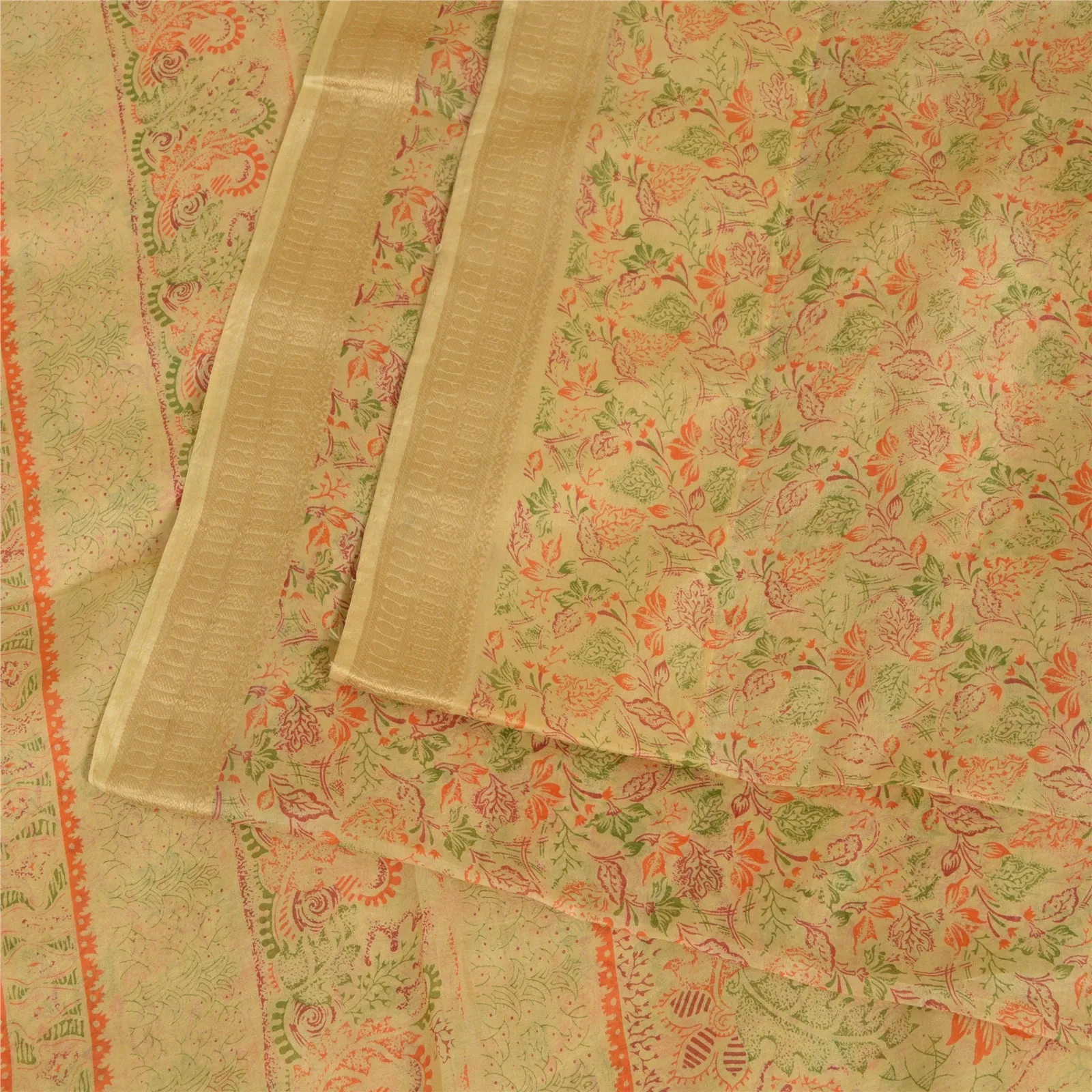 Sanskriti Vintage Sarees From India Beige Pure Silk Printed Sari Craft Fabric