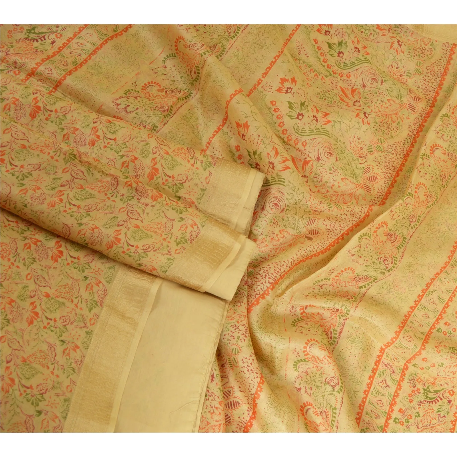 Sanskriti Vintage Sarees From India Beige Pure Silk Printed Sari Craft Fabric