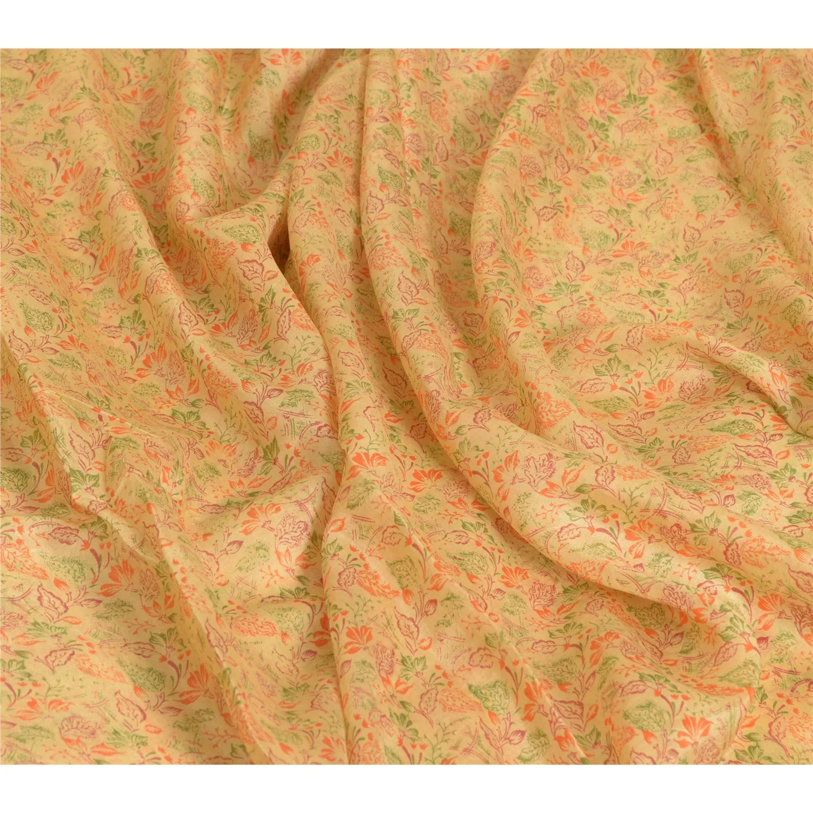 Sanskriti Vintage Sarees From India Beige Pure Silk Printed Sari Craft Fabric