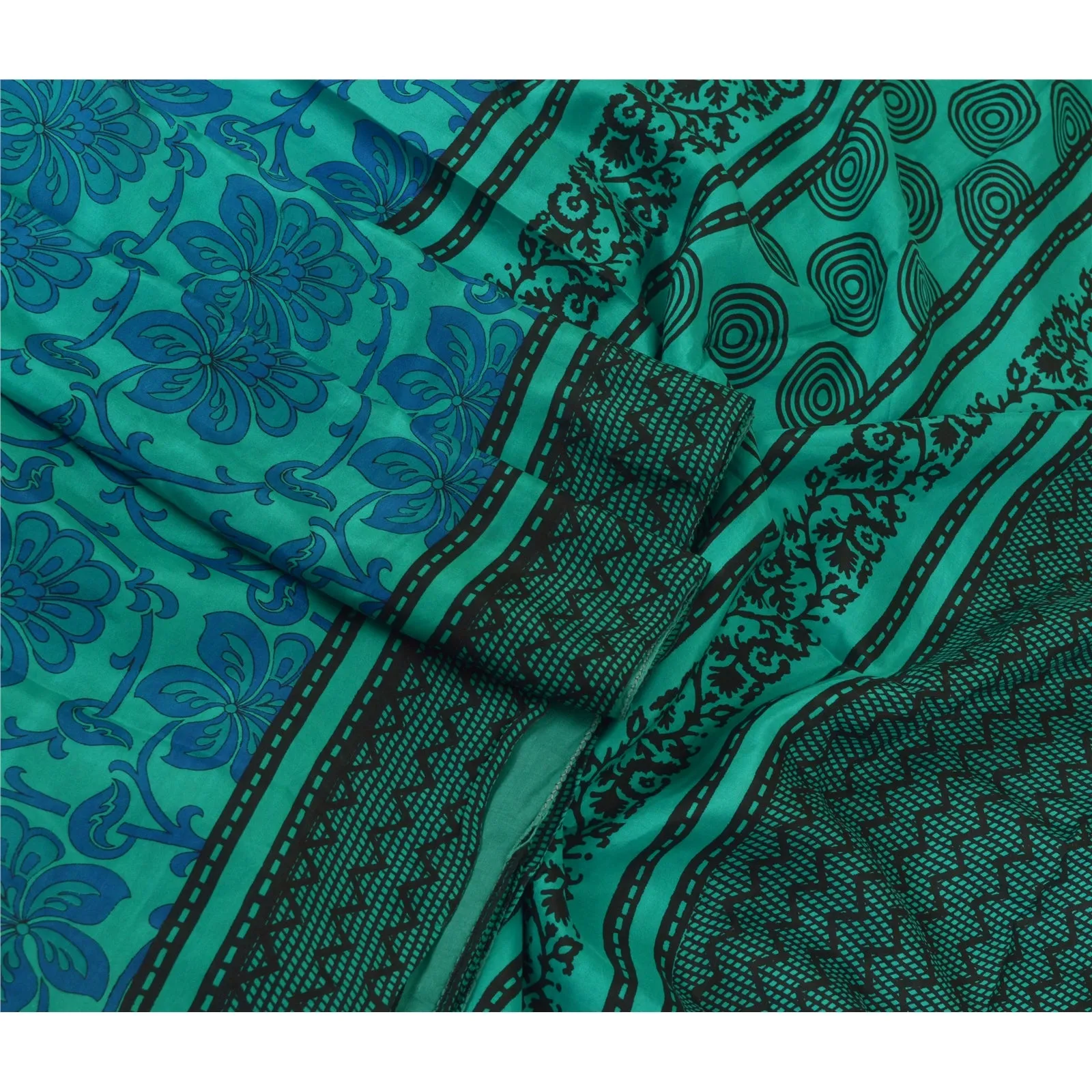 Sanskriti Vintage Sarees From India Blue Pure Silk Printed Sari 5yd Craft Fabric