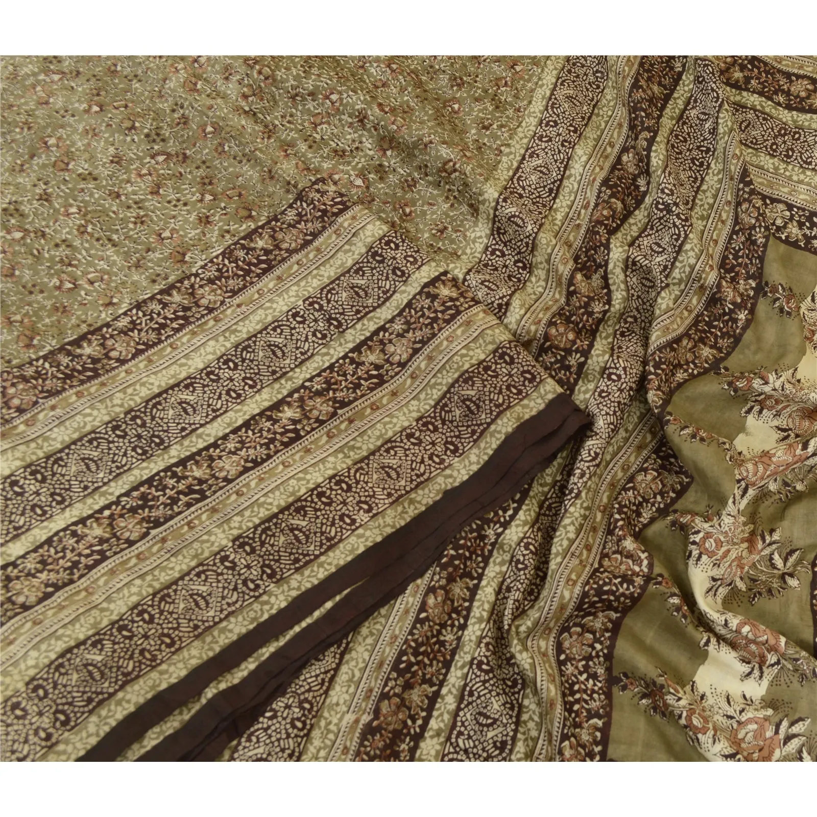 Sanskriti Vintage Sarees Grayish-Green Pure Silk Printed Sari Soft Craft Fabric