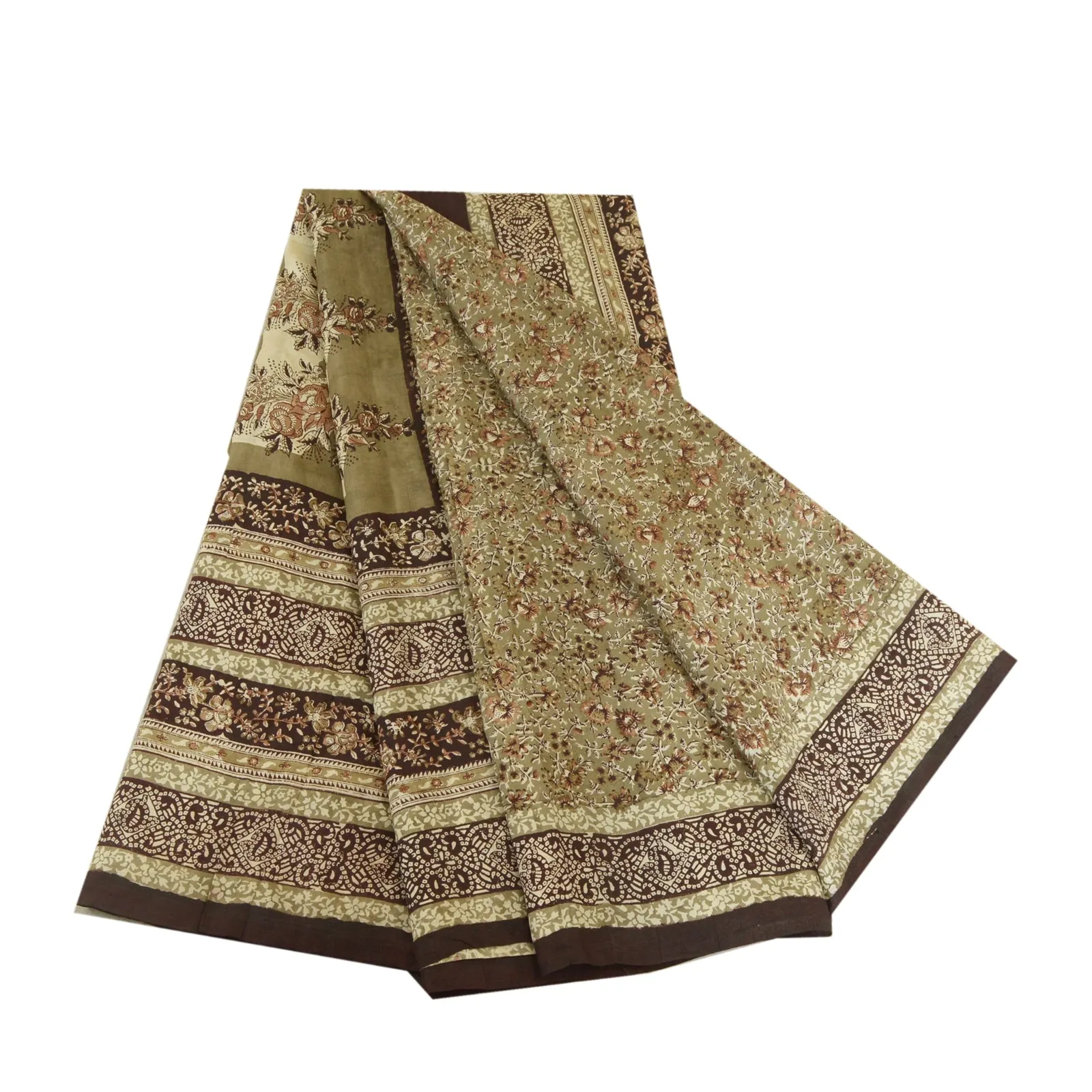 Sanskriti Vintage Sarees Grayish-Green Pure Silk Printed Sari Soft Craft Fabric