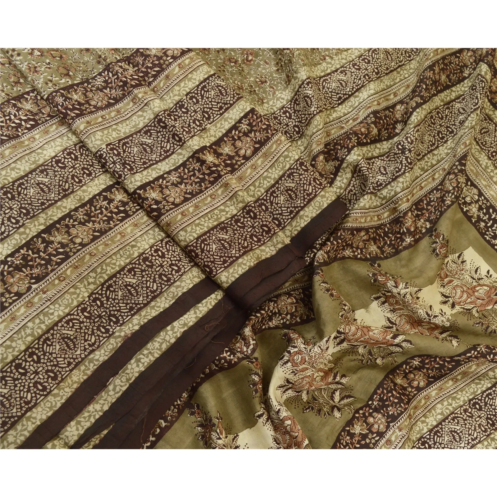 Sanskriti Vintage Sarees Grayish-Green Pure Silk Printed Sari Soft Craft Fabric