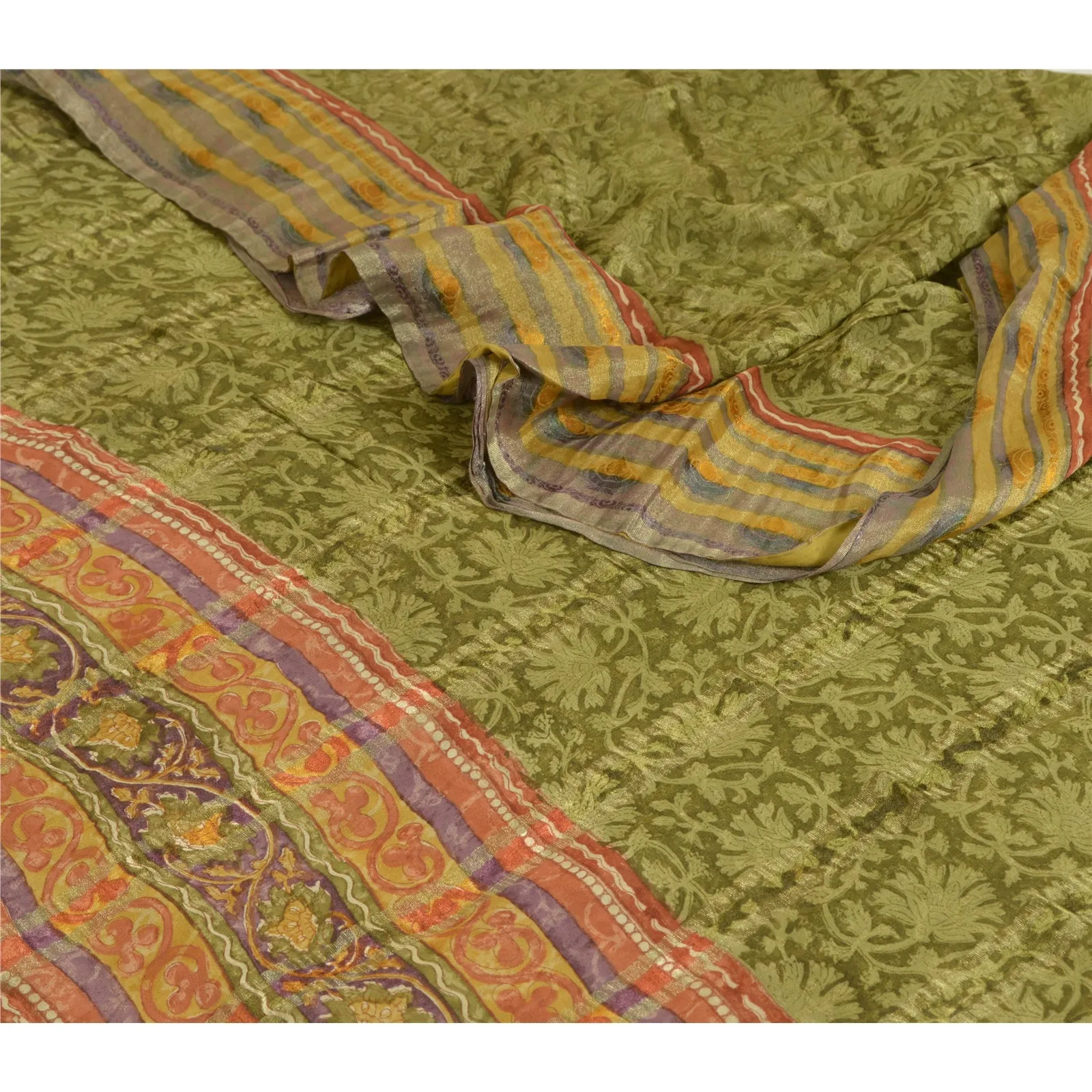 Sanskriti Vintage Sarees Green Pure Georgette Silk Printed Woven Sari 5yd Fabric