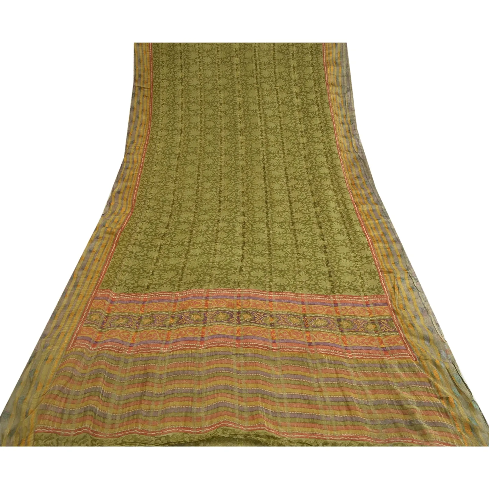 Sanskriti Vintage Sarees Green Pure Georgette Silk Printed Woven Sari 5yd Fabric