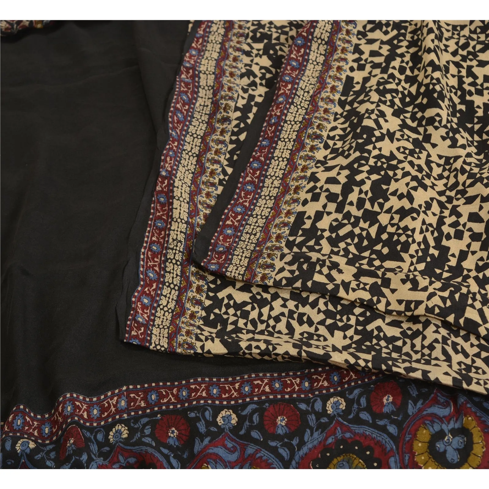 Sanskriti Vintage Sarees Indian Black Pure Crepe Silk Printed Sari Craft Fabric