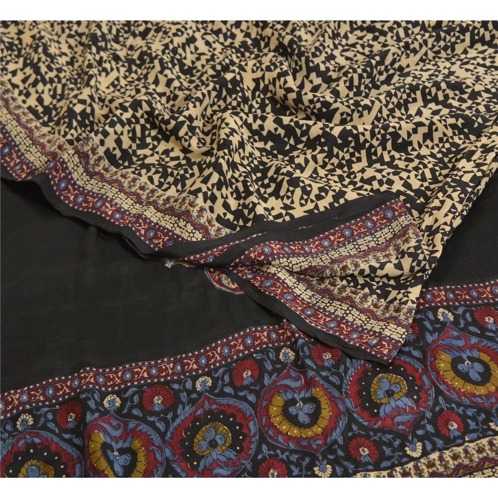 Sanskriti Vintage Sarees Indian Black Pure Crepe Silk Printed Sari Craft Fabric