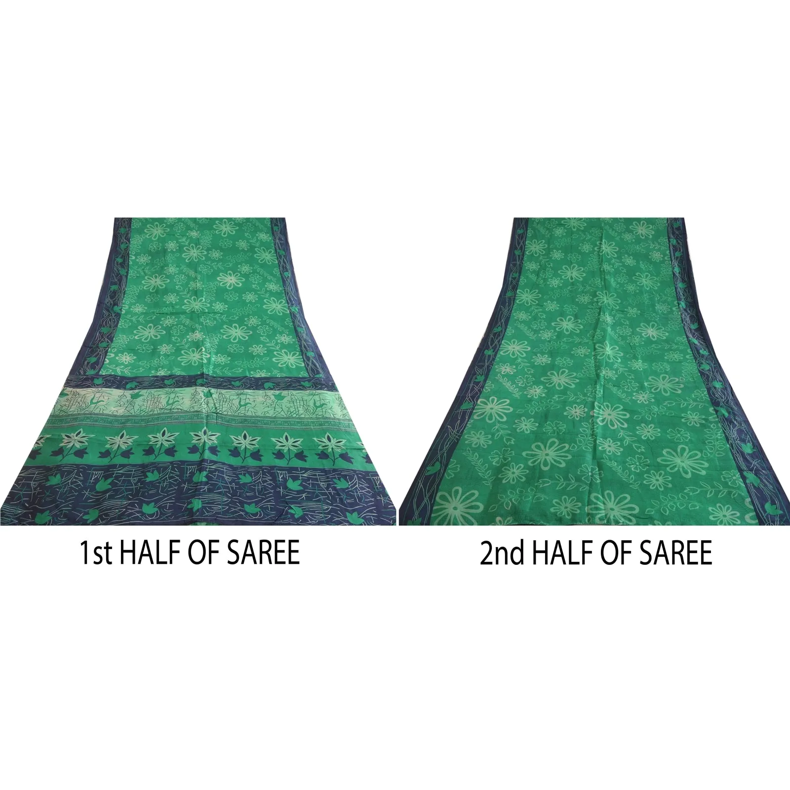 Sanskriti Vintage Sarees Indian Green/Blue Pure Silk Printed Sari Craft Fabric