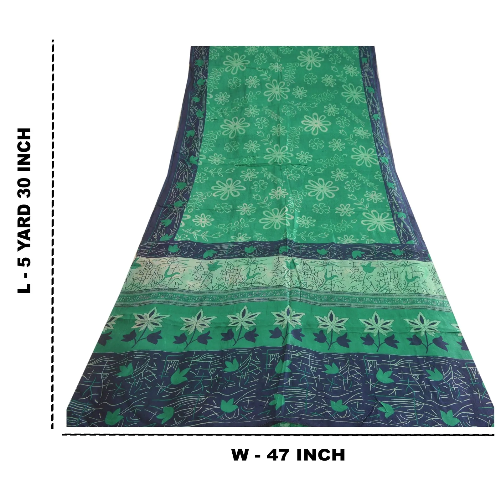 Sanskriti Vintage Sarees Indian Green/Blue Pure Silk Printed Sari Craft Fabric